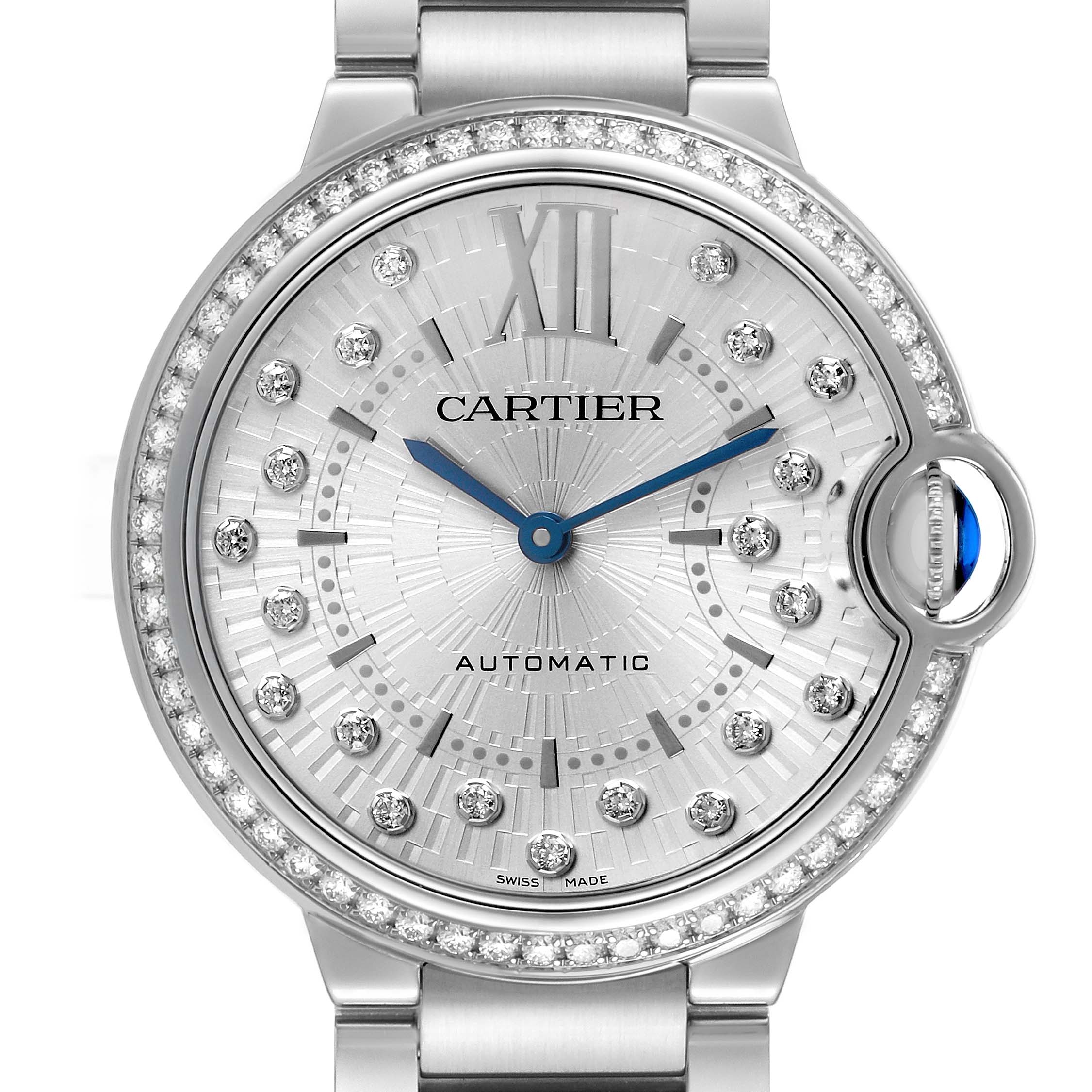 The Cartier Ballon Bleu W4BB0036 Women's Stainless Steel Silver Dial watch is shown from the front, featuring a silver dial with gemstone markers, blue hands, and a diamond bezel.