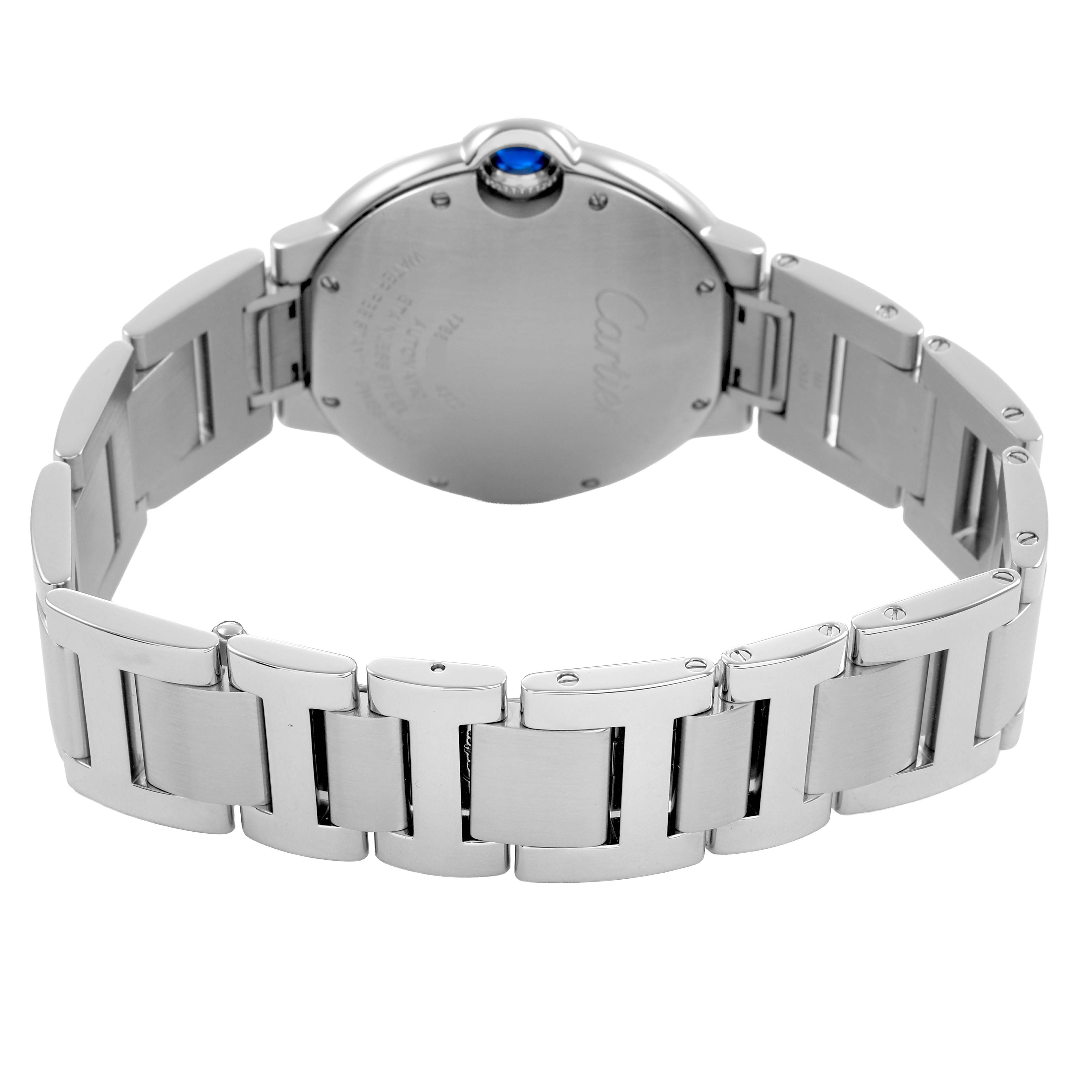 The Ballon Bleu by Cartier is shown from the back, highlighting the clasp and stainless steel bracelet.