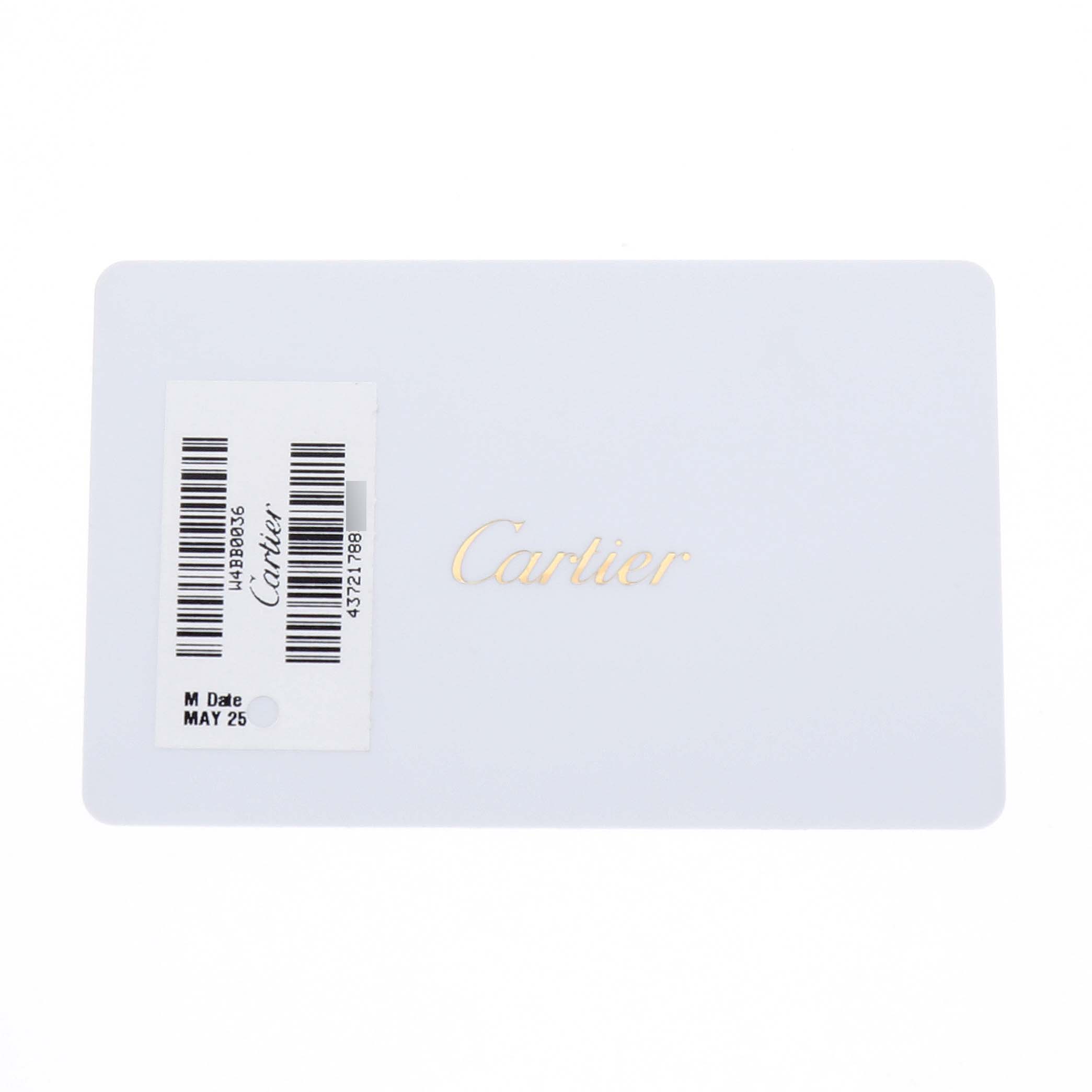 The image shows a Cartier Ballon Bleu W4BB0036 Women's Stainless Steel Silver Dial watch authenticity card with a barcode and the brand name.