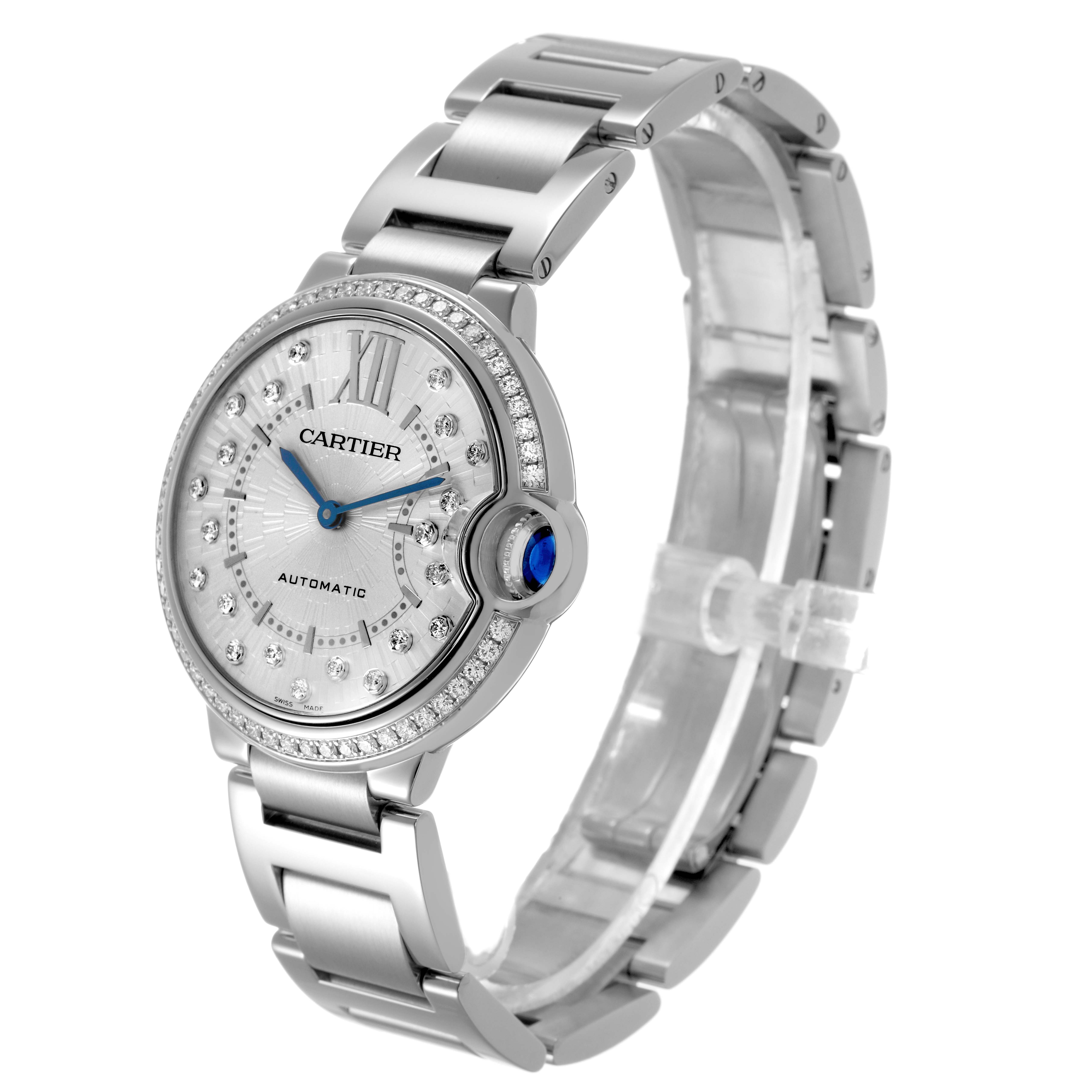 The Cartier Ballon Bleu W4BB0036 Women's Stainless Steel Silver Dial watch is shown from a slightly tilted side angle, highlighting the face, bezel, and bracelet.