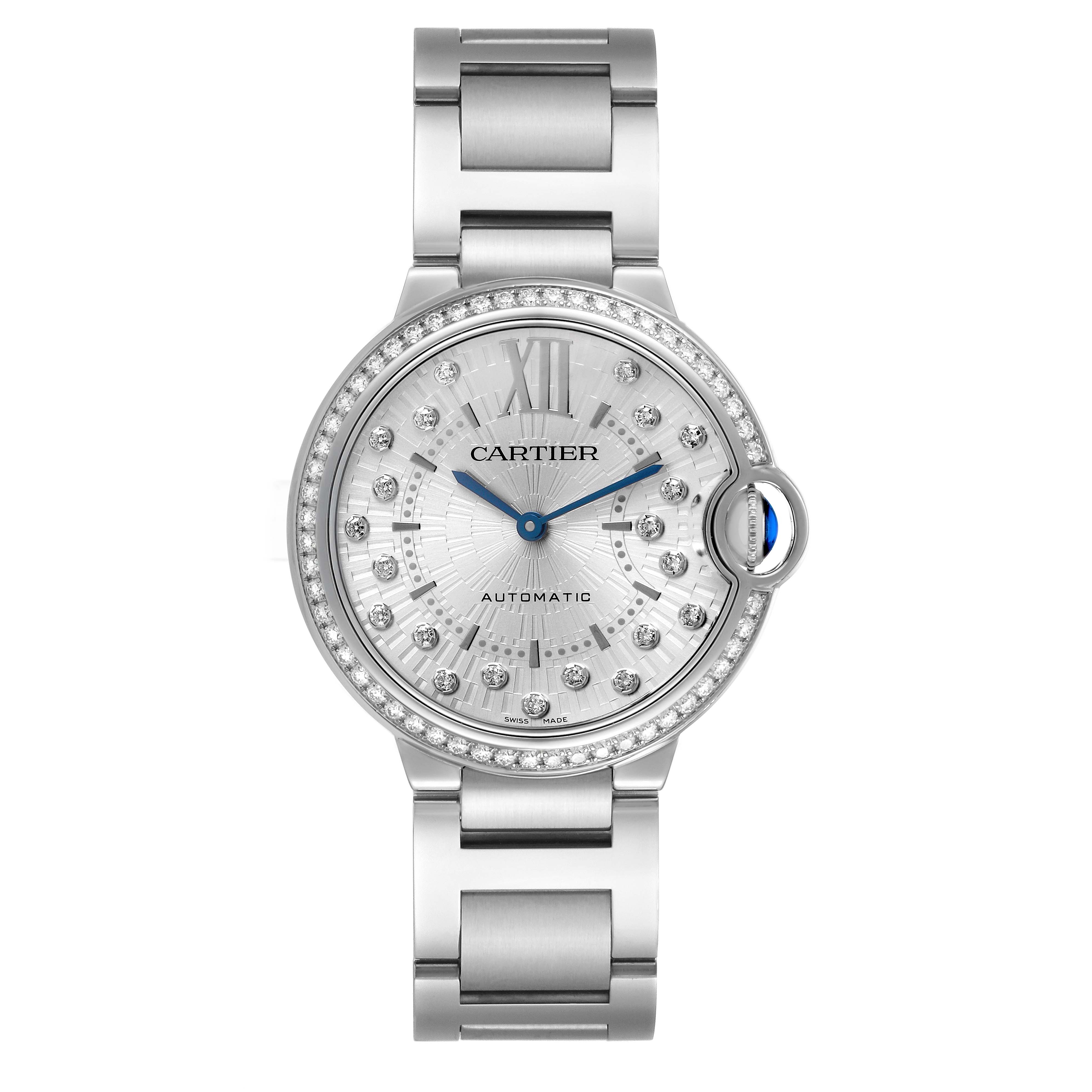 The Cartier Ballon Bleu W4BB0036 Women's Stainless Steel Silver Dial watch is shown from a top-down angle, displaying its face, bezel, and bracelet.