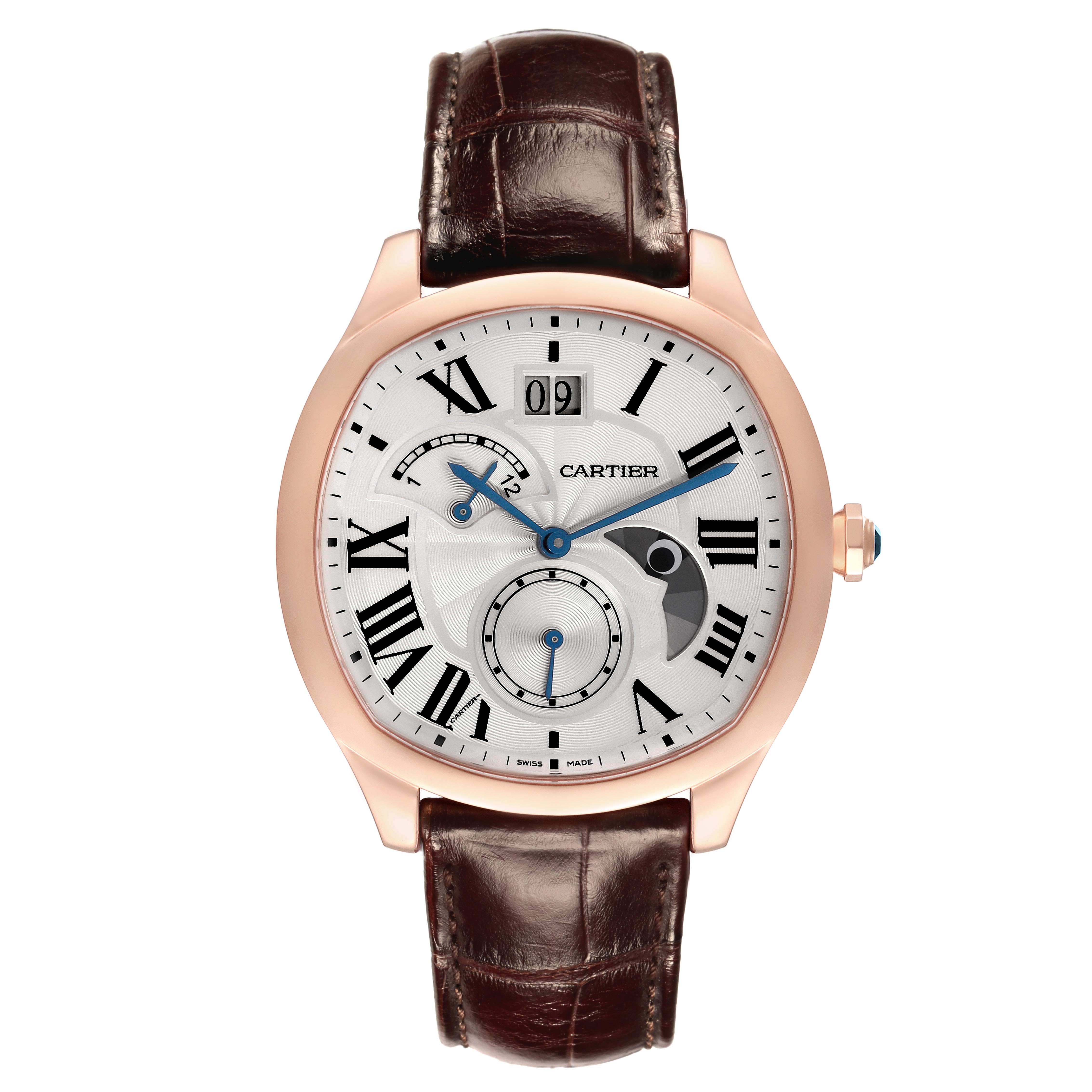 The Drive de Cartier watch is shown from a front angle, highlighting the dial, Roman numerals, sub-dials, and leather strap.