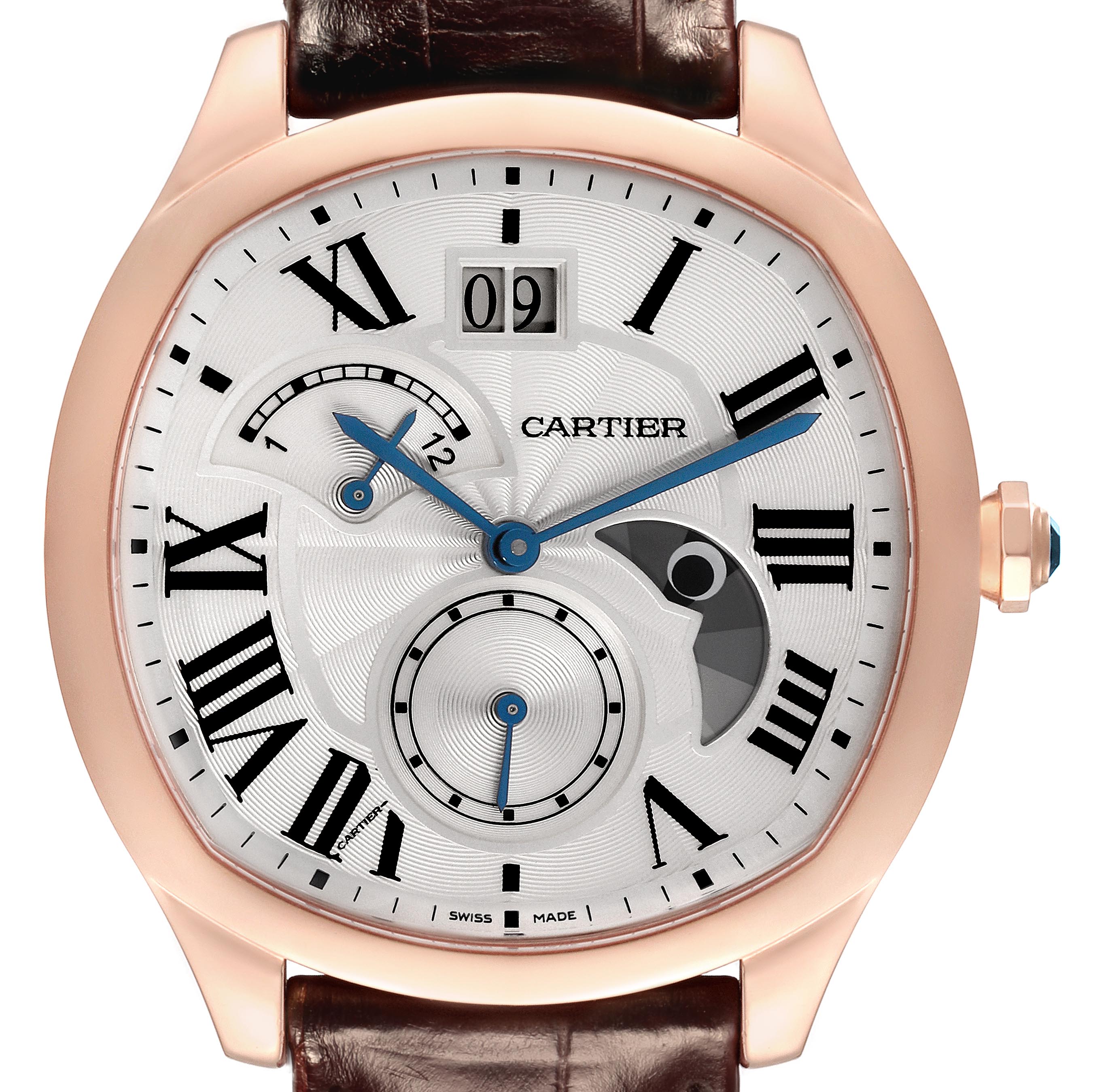 The Drive de Cartier watch is shown from a frontal view, highlighting its dial, Roman numerals, date display, and sub-dials.