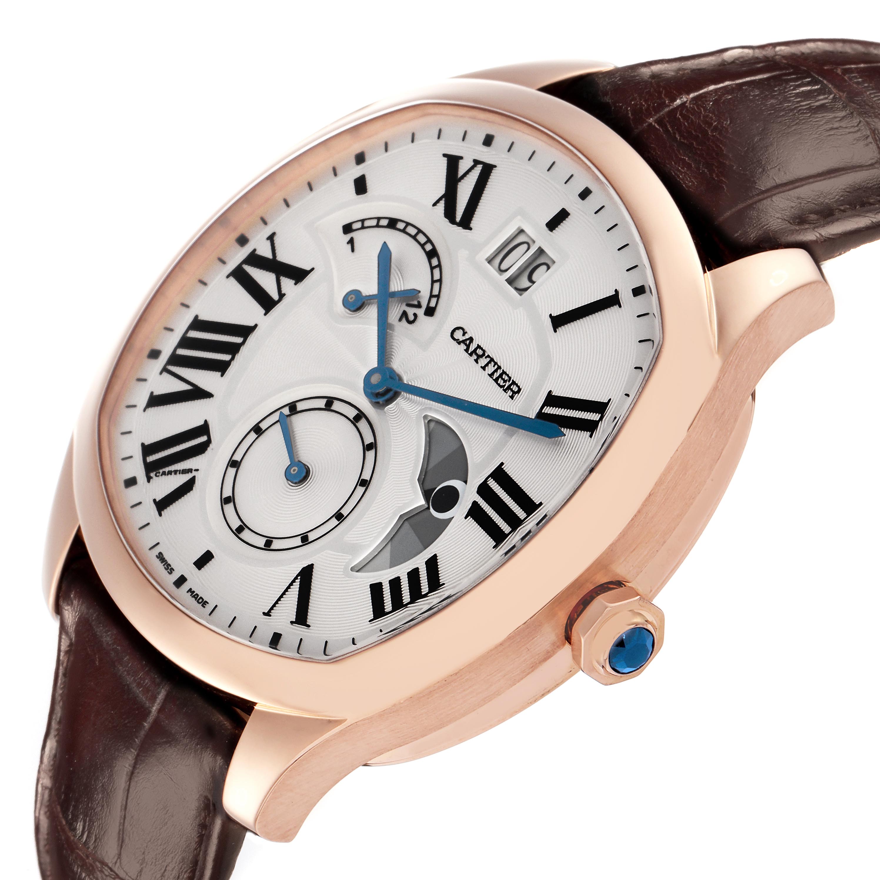 The Drive de Cartier watch is shown at an angled view, highlighting the face, Roman numerals, subdials, and crown with a blue cabochon.