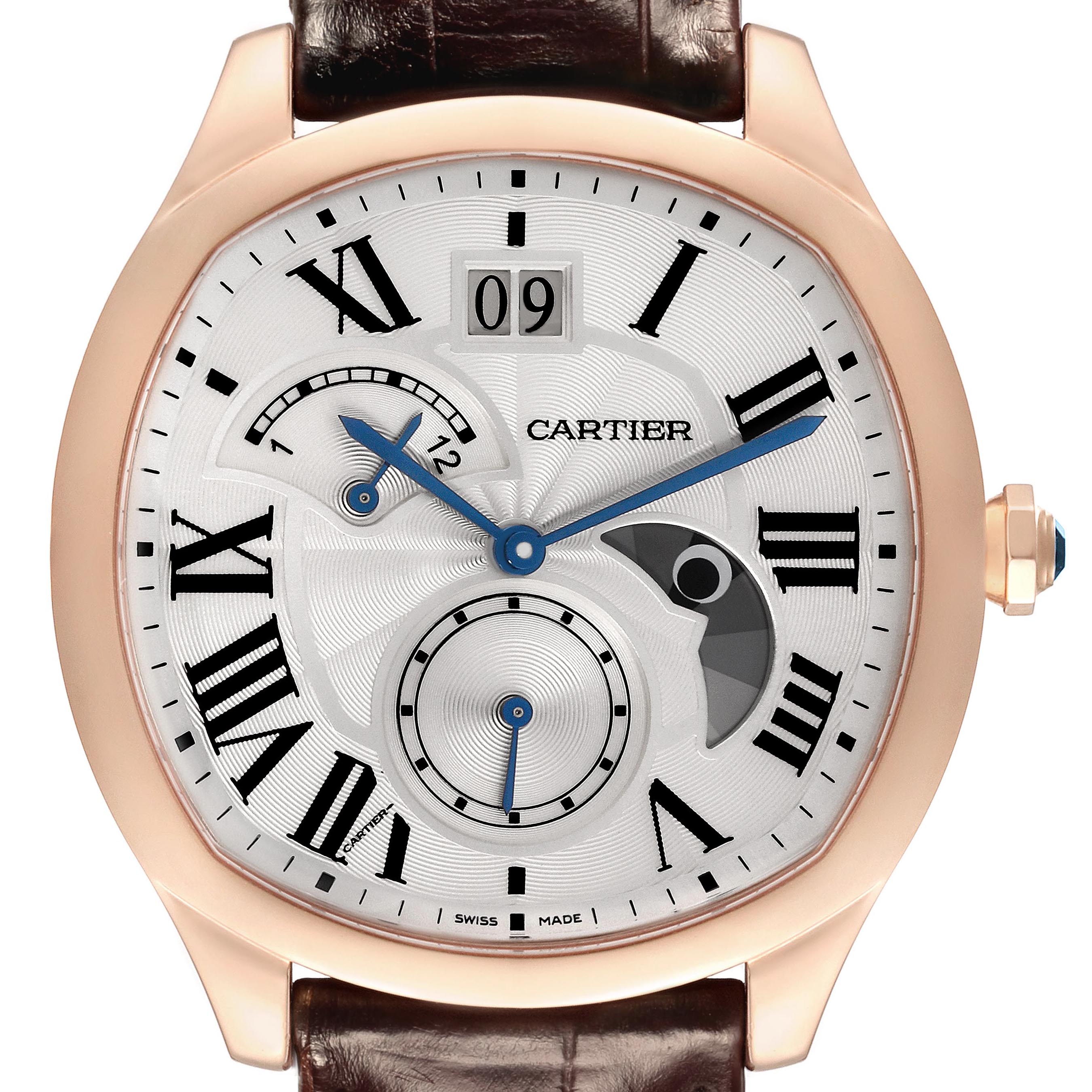 The Drive de Cartier watch is shown from the front, highlighting its dial, Roman numerals, date window, and sub-dials.