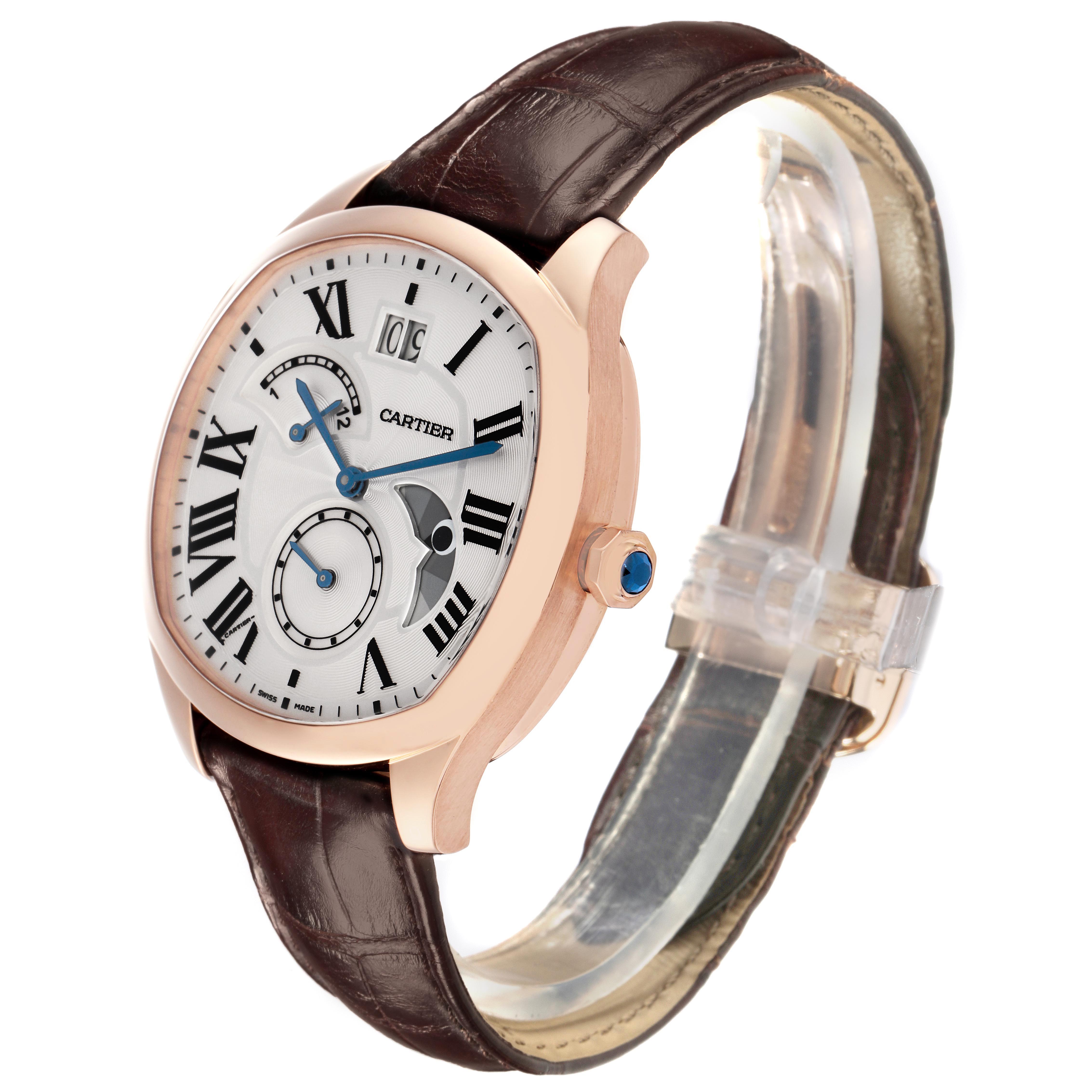 The Drive de Cartier watch is shown at a three-quarter angle, highlighting its dial, case, crown, and leather strap.
