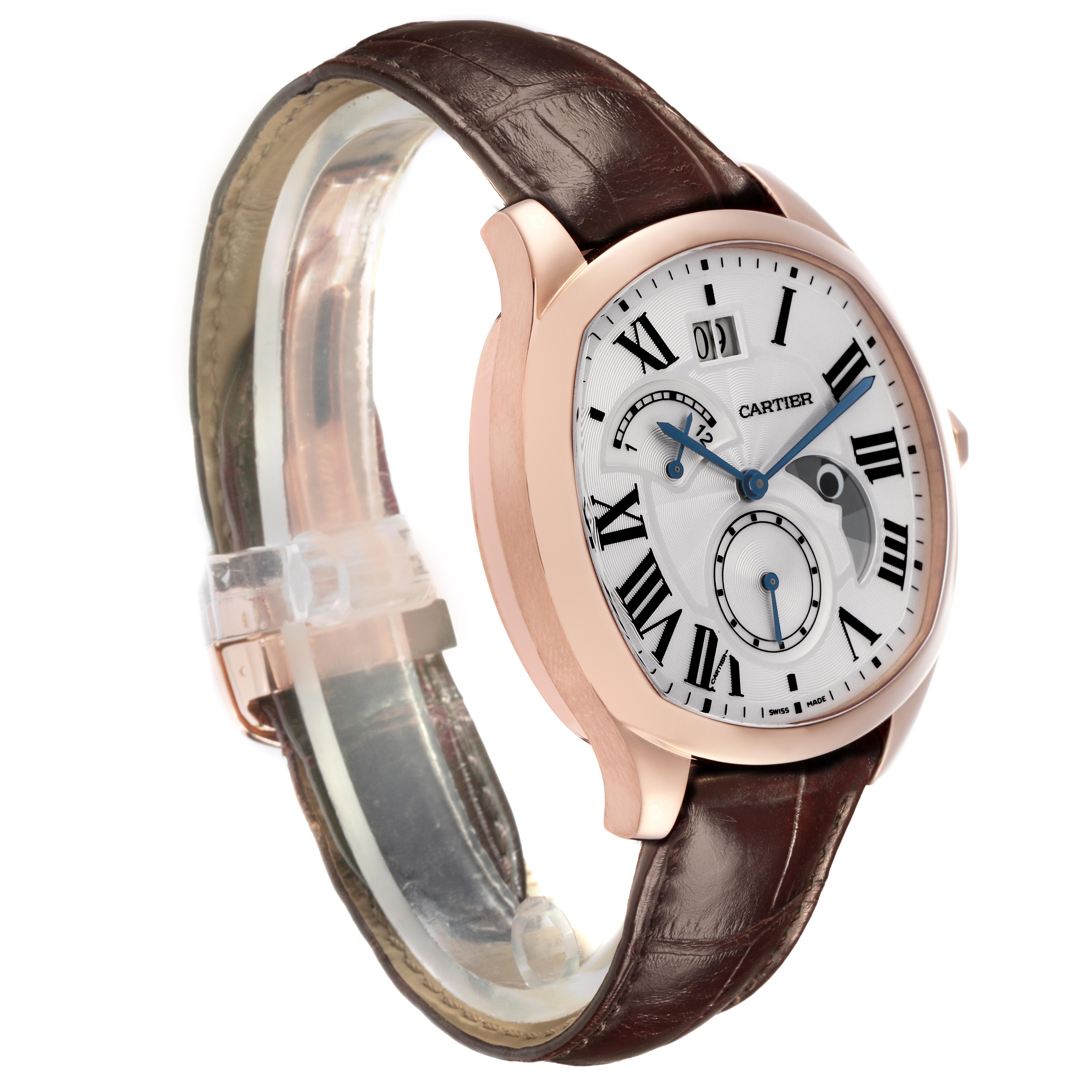 The Drive de Cartier watch is shown at a three-quarter view, displaying the face, case, and leather strap.