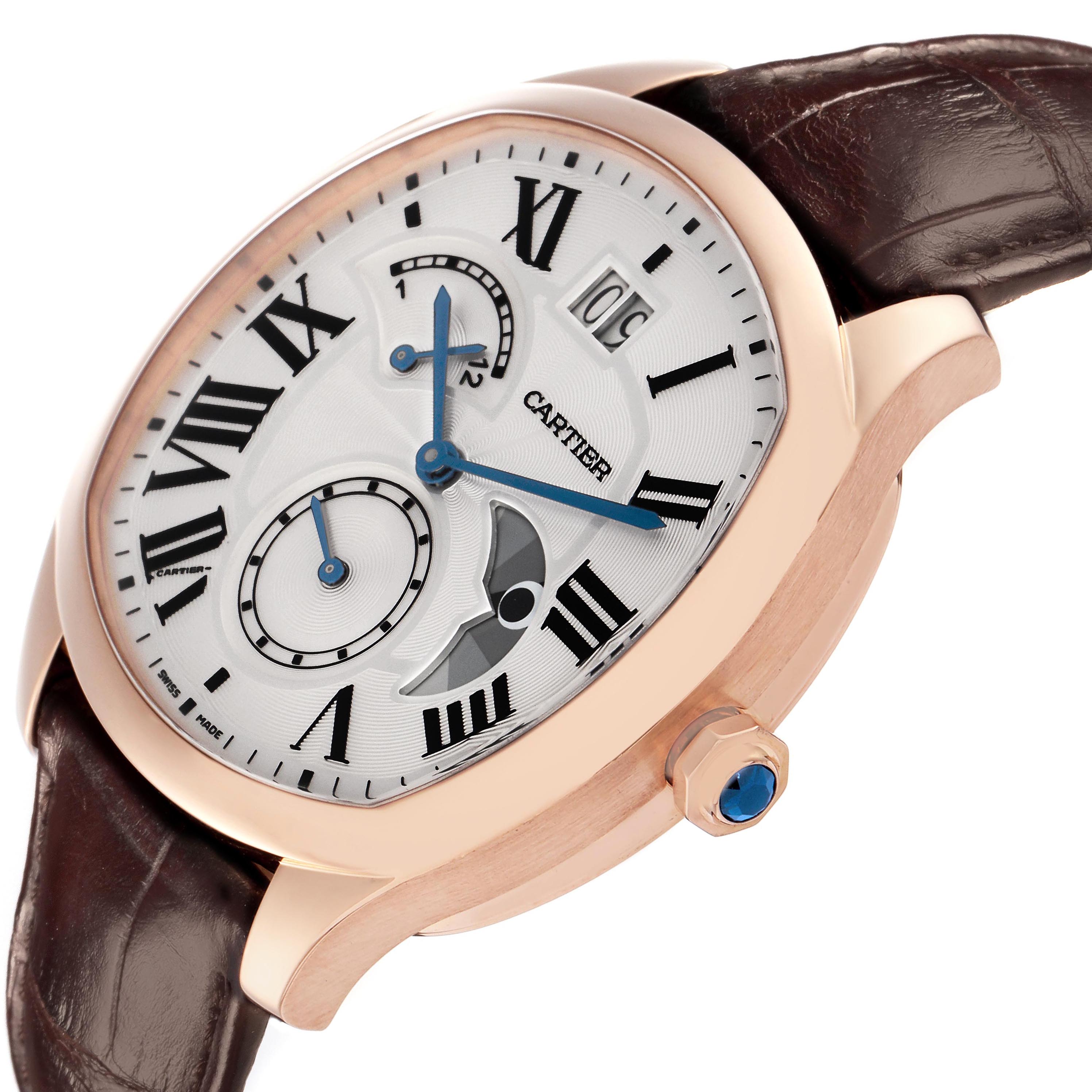 The Drive de Cartier watch is shown from a front-left angled view, highlighting its face, case, and crown.