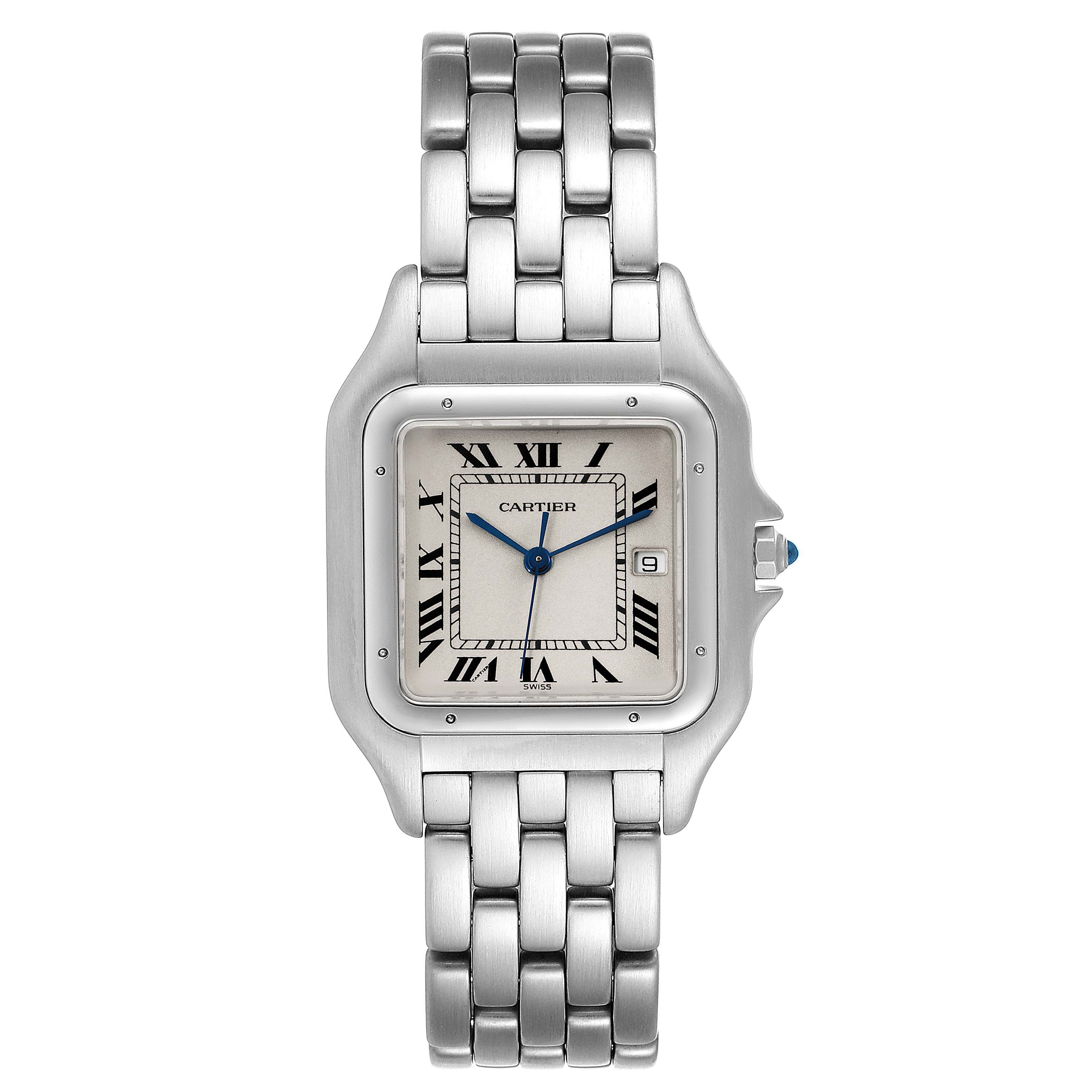 The image shows a front view of the Cartier Panthere W25032P5 Men's Stainless Steel Silver Dial W25032P5 Men's Stainless Steel Silver Dial watch, highlighting the face, bracelet, and crown with a blue cabochon.