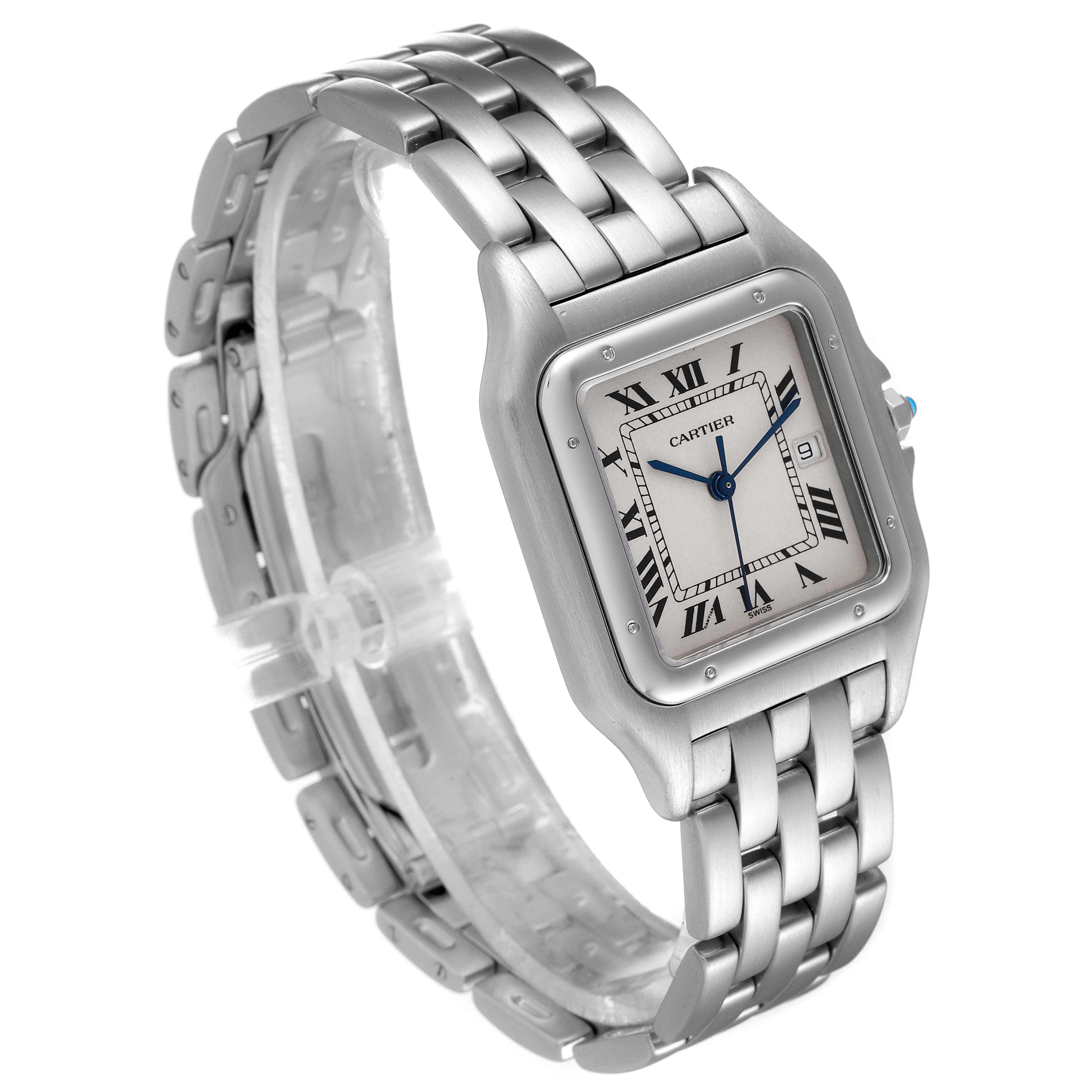 The image shows a side-angle view of a Cartier Panthere W25032P5 Men's Stainless Steel Silver Dial W25032P5 Men's Stainless Steel Silver Dial watch, highlighting its bracelet, square face, and Roman numeral dial.