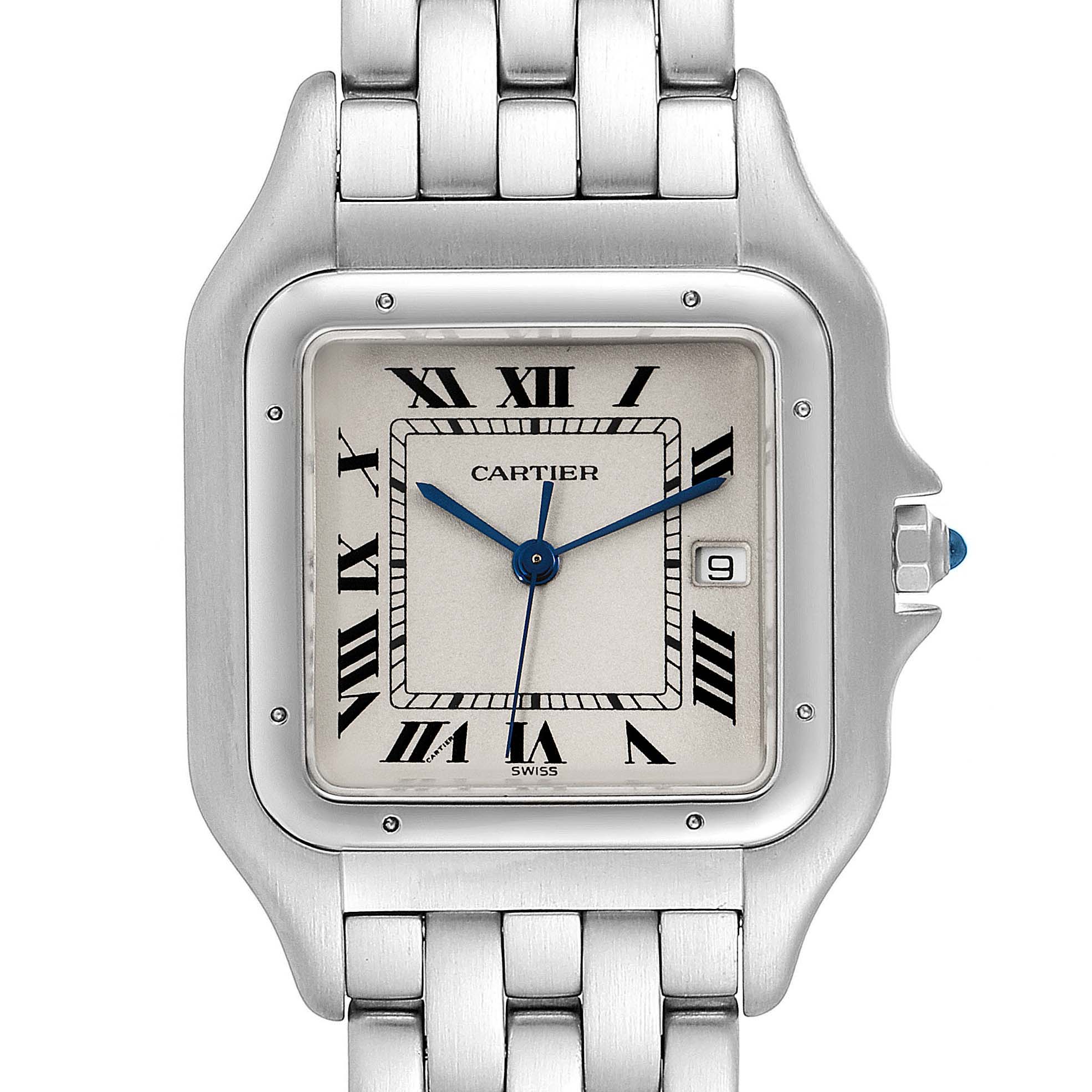 This Cartier Panthere W25032P5 Men's Stainless Steel Silver Dial W25032P5 Men's Stainless Steel Silver Dial model watch is shown from a front angle, displaying the face, bezel, and bracelet.