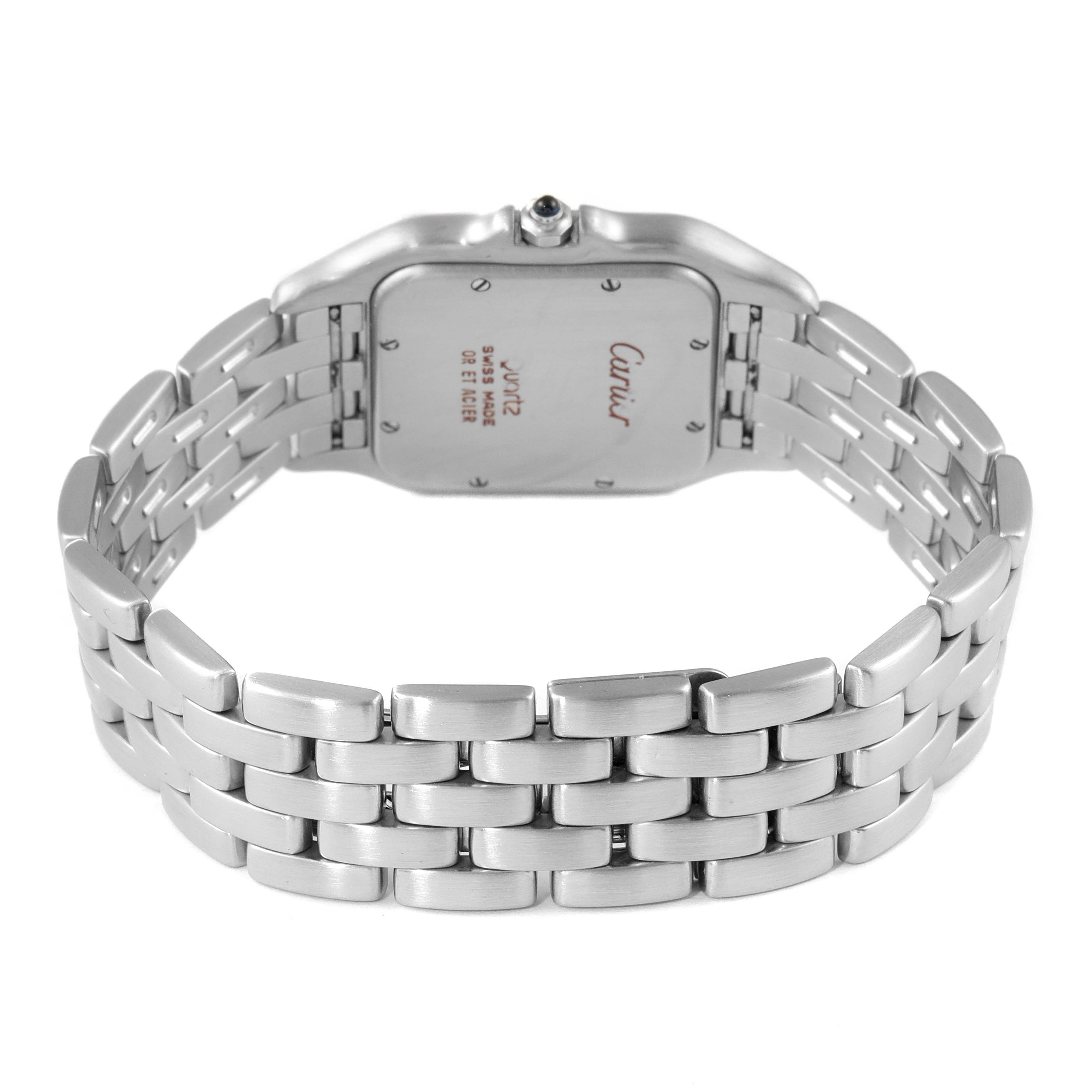 This image shows the back view of the Cartier Panthere W25032P5 Men's Stainless Steel Silver Dial W25032P5 Men's Stainless Steel Silver Dial model watch, highlighting its case back and bracelet.