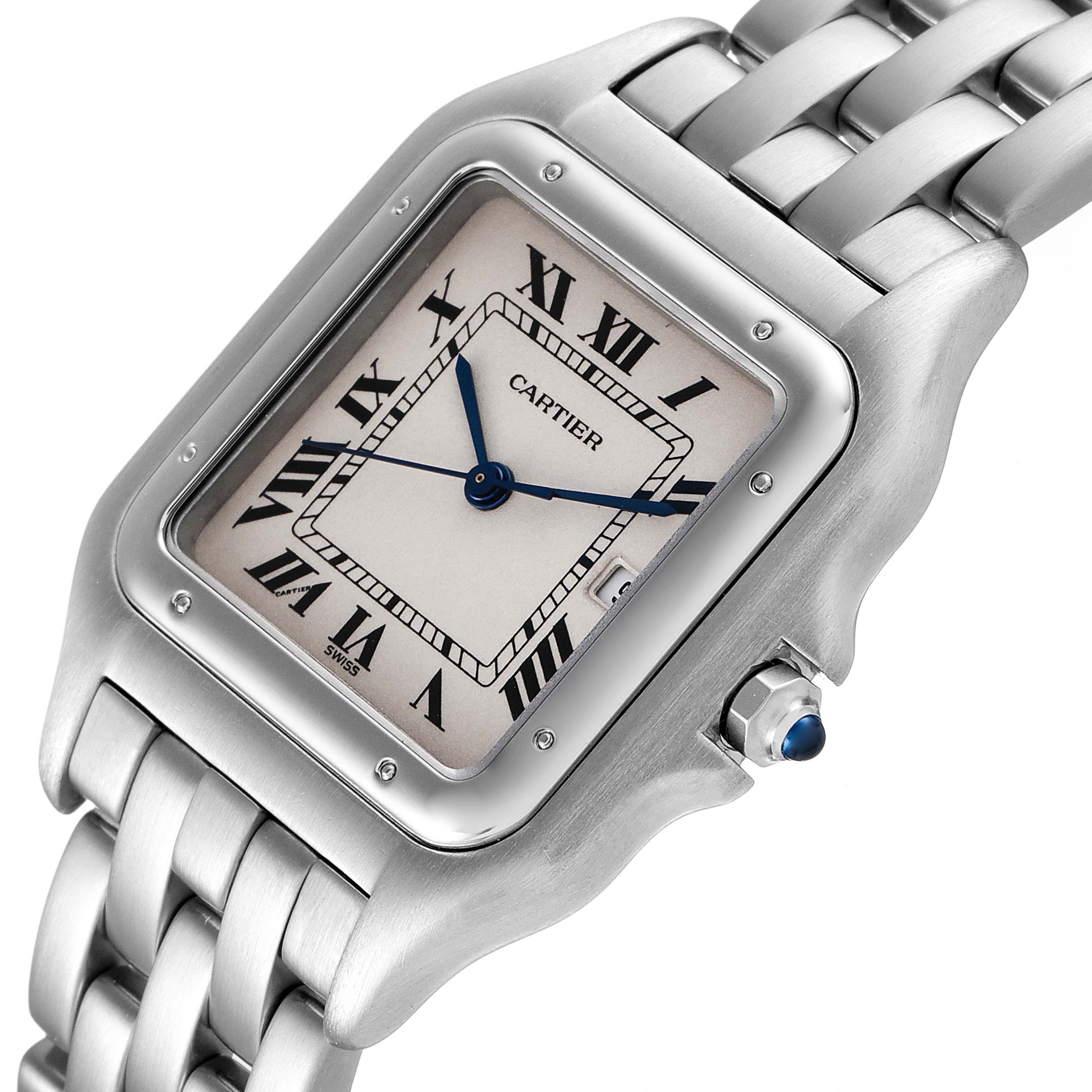The image shows a close-up of the Cartier Panthere W25032P5 Men's Stainless Steel Silver Dial W25032P5 Men's Stainless Steel Silver Dial watch face and part of its metal bracelet from an angled view.
