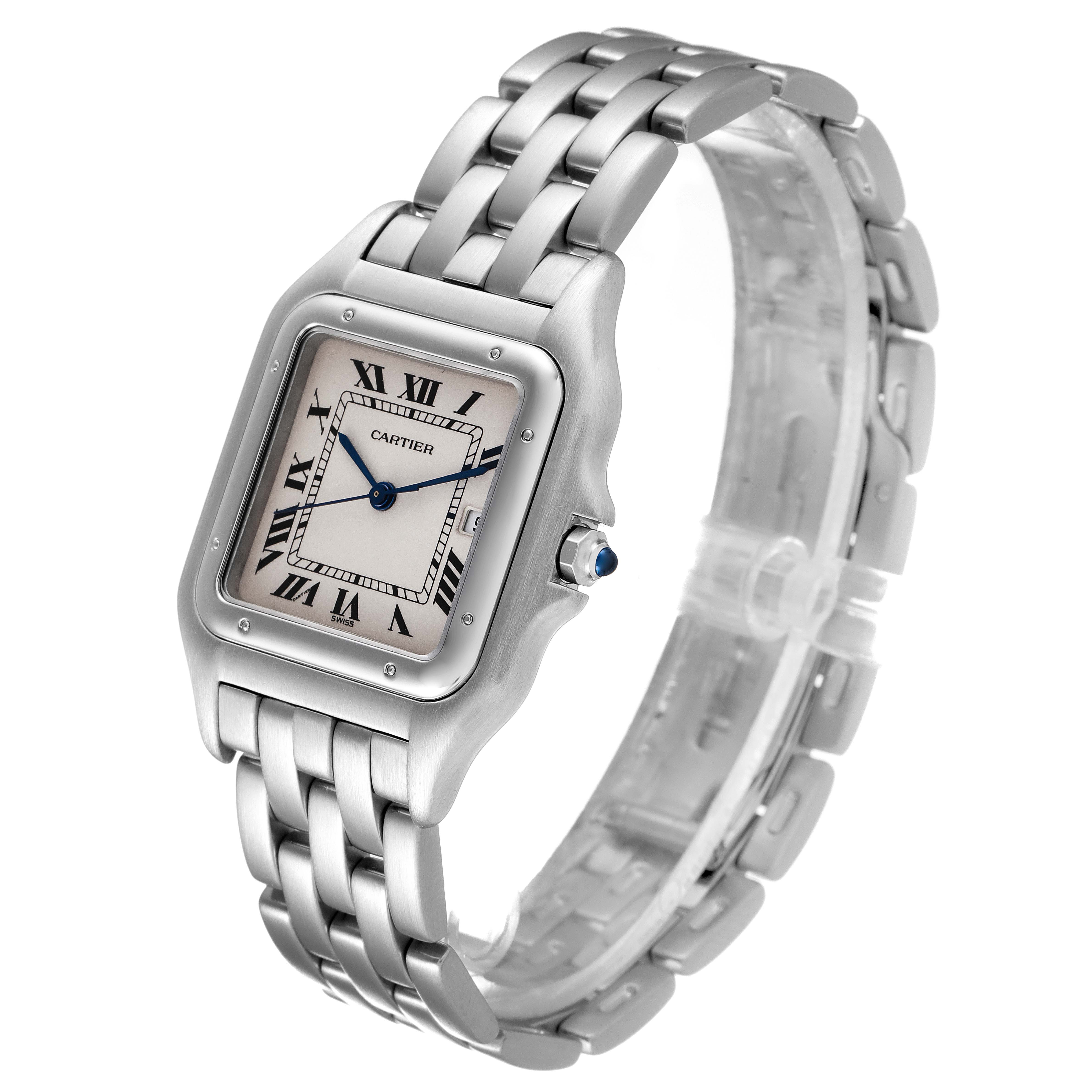 The image shows a Cartier Panthere W25032P5 Men's Stainless Steel Silver Dial W25032P5 Men's Stainless Steel Silver Dial watch at a three-quarter angle, highlighting the bracelet, case, and dial with Roman numerals.