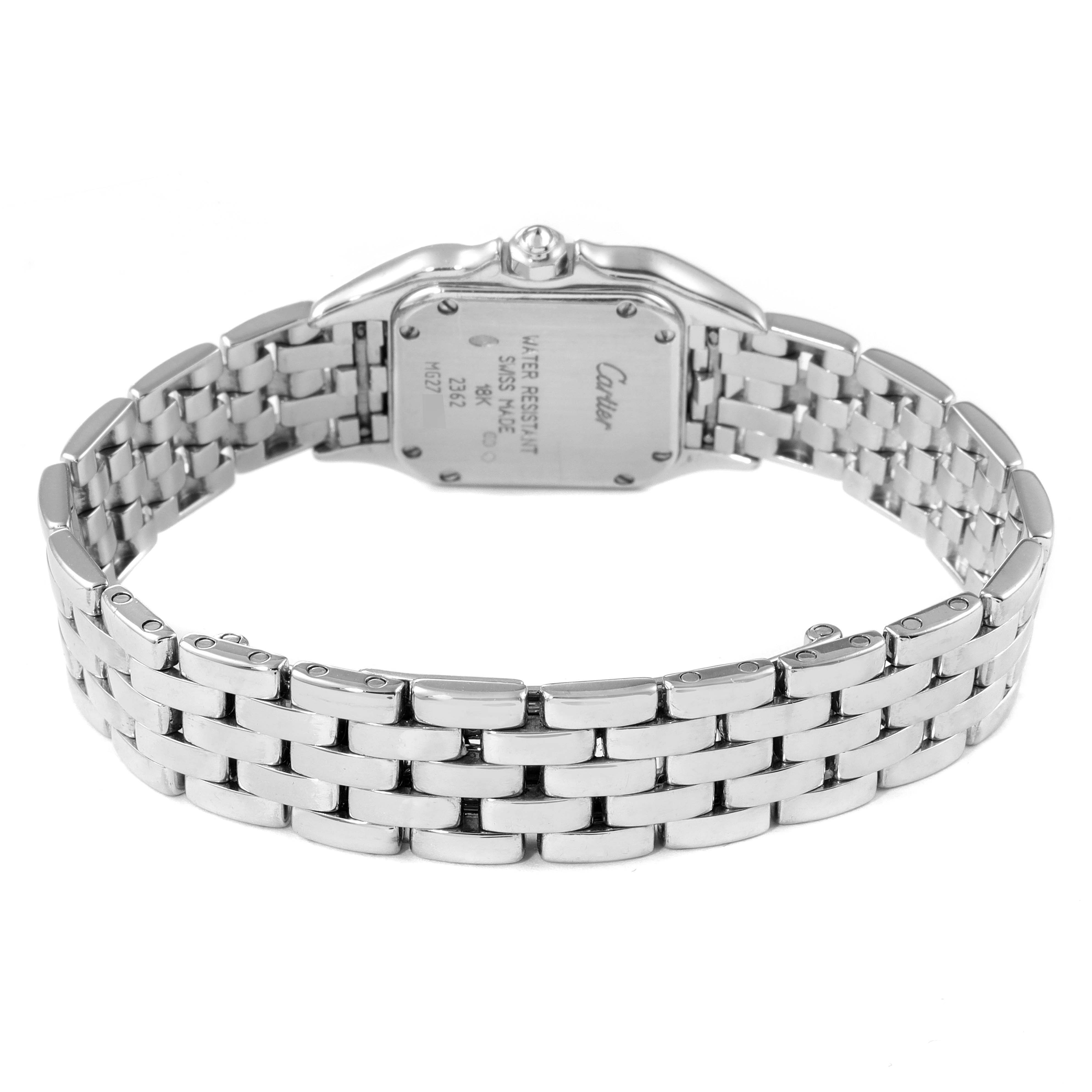 The image shows the back view of the Cartier Panthere 2362 Women's White Gold Mother of Pearl Dial 2362 Women's White Gold Mother of Pearl Dial model watch, focusing on the case back and metal bracelet.