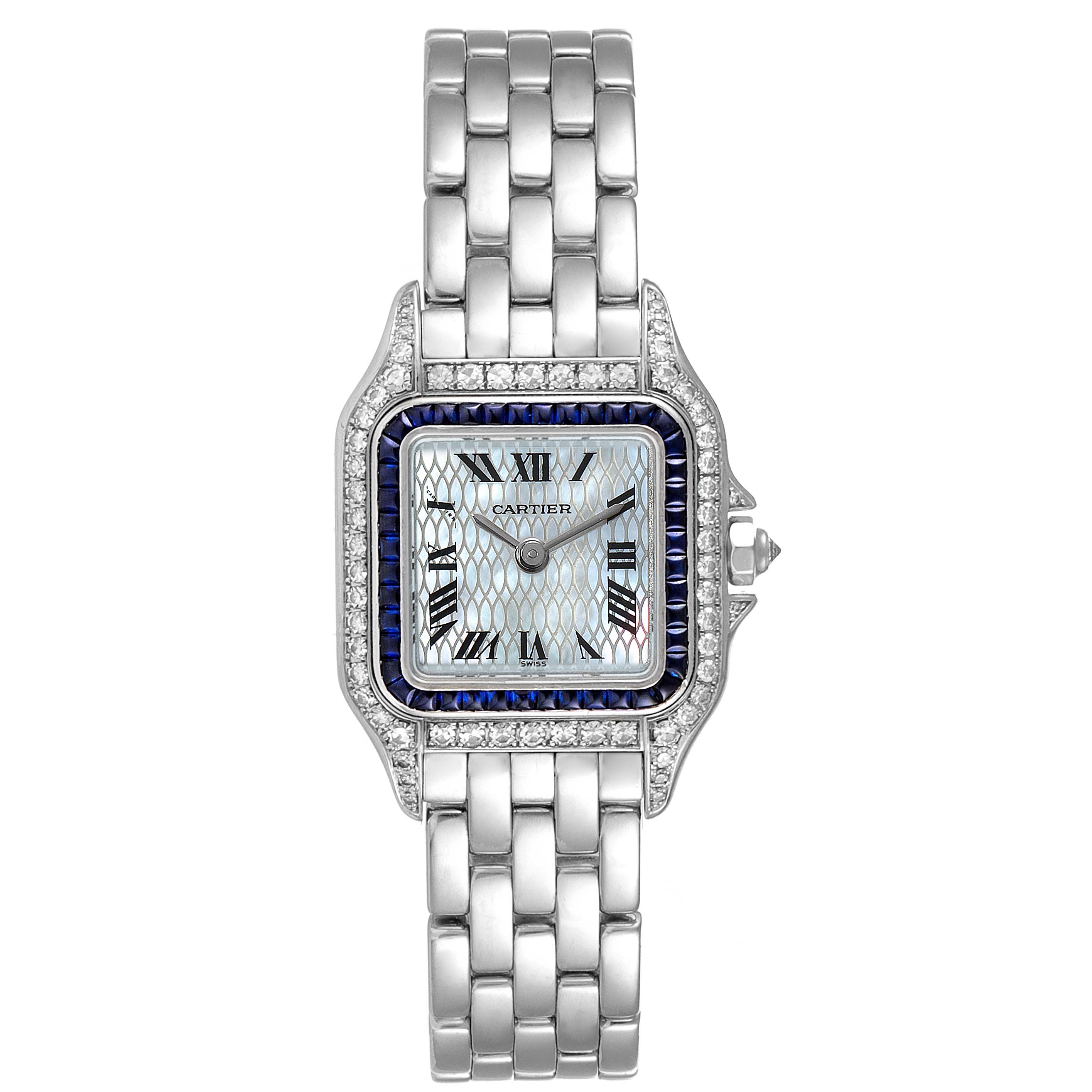 The image shows a front view of the Cartier Panthere 2362 Women's White Gold Mother of Pearl Dial 2362 Women's White Gold Mother of Pearl Dial watch, highlighting its face, bezel, and metal bracelet.