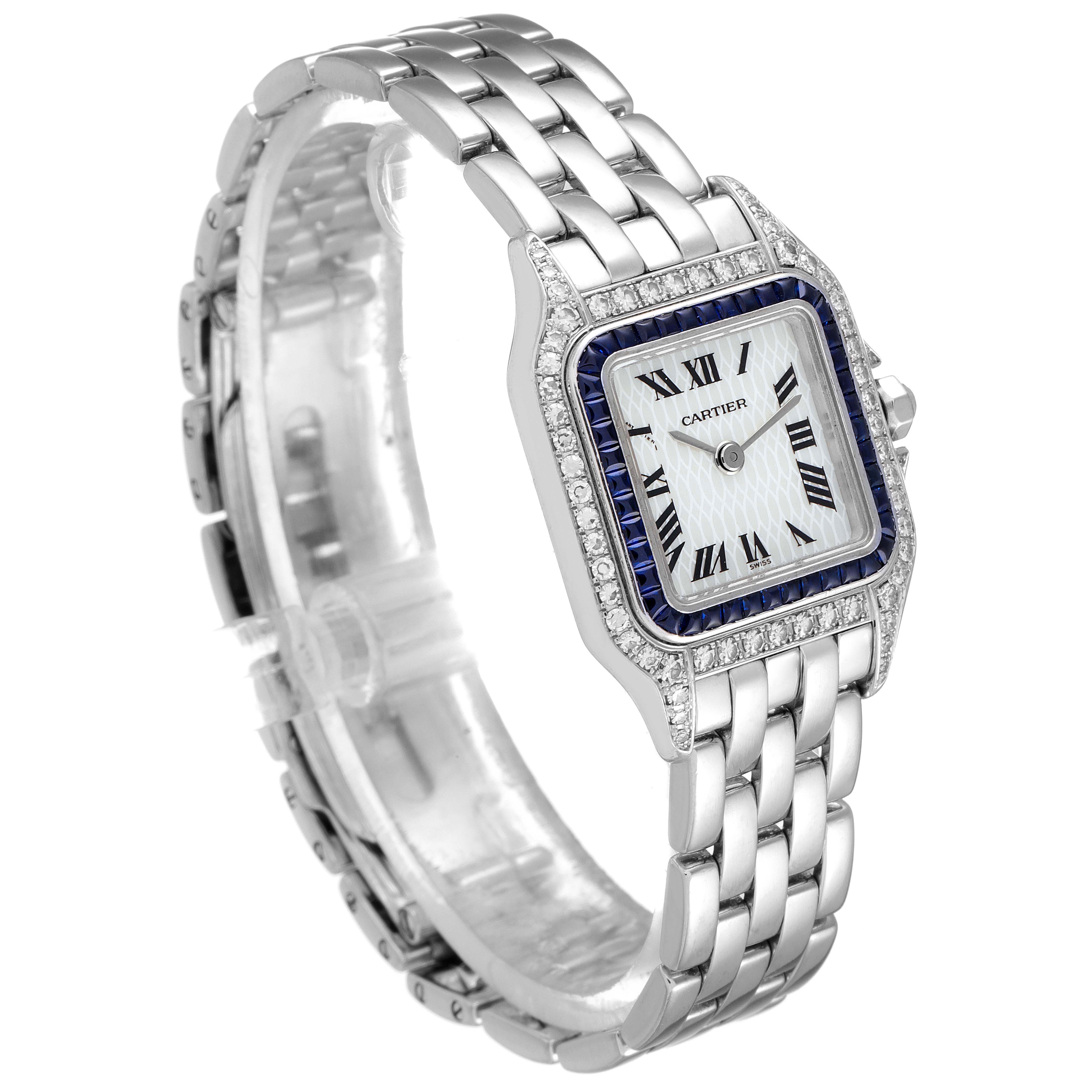 The image shows a Cartier Panthere 2362 Women's White Gold Mother of Pearl Dial 2362 Women's White Gold Mother of Pearl Dial model watch at a three-quarter angle, highlighting the face, bezel, and bracelet.