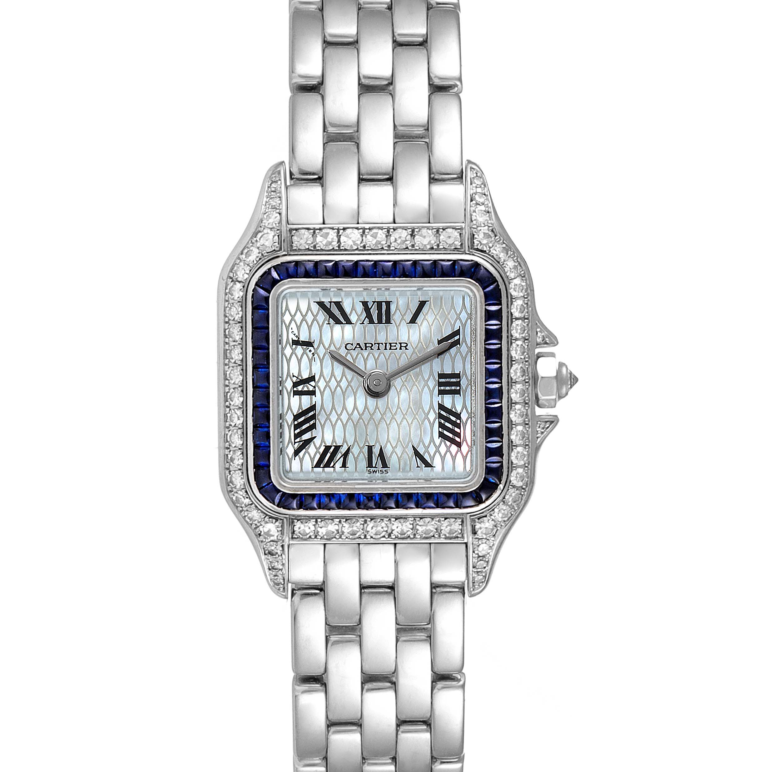 This image shows a Cartier Panthere 2362 Women's White Gold Mother of Pearl Dial 2362 Women's White Gold Mother of Pearl Dial watch from a front angle, highlighting its dial, bezel, and part of the bracelet.