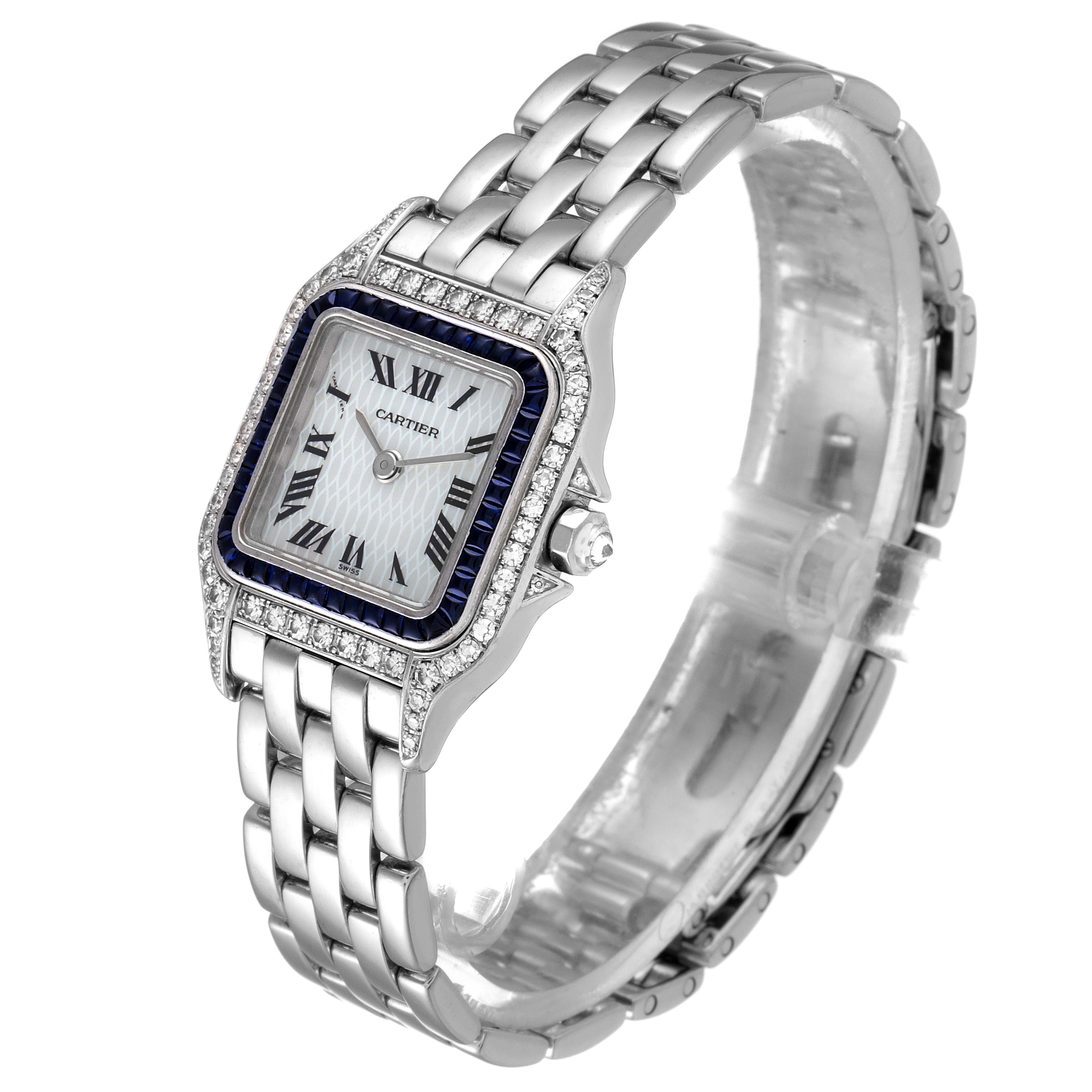 This image shows a Cartier Panthere 2362 Women's White Gold Mother of Pearl Dial 2362 Women's White Gold Mother of Pearl Dial watch at a three-quarter angle, highlighting its face, bezel, and bracelet.