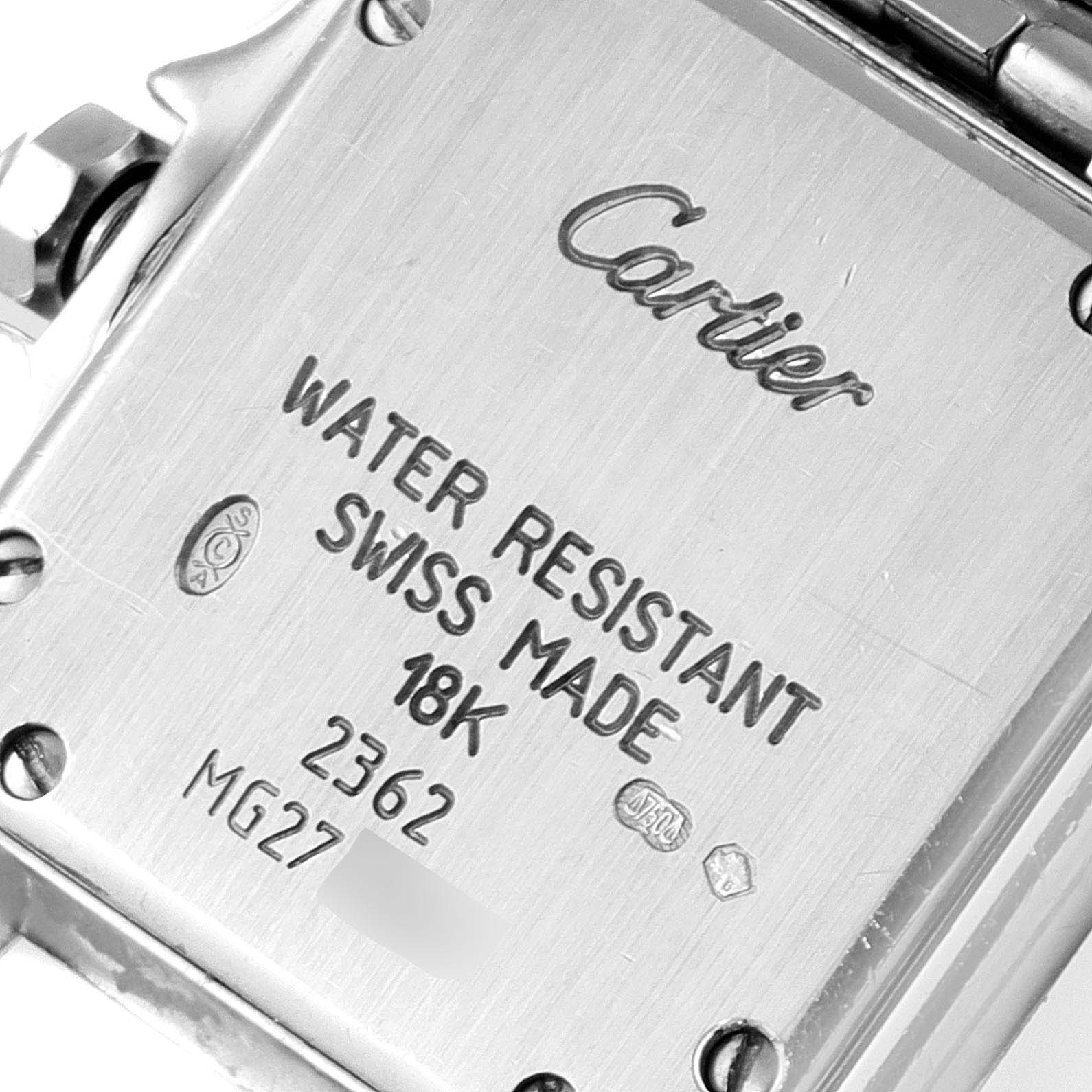 The image shows a close-up view of the back case of a Cartier Panthere 2362 Women's White Gold Mother of Pearl Dial 2362 Women's White Gold Mother of Pearl Dial watch, highlighting the engravings and screws.