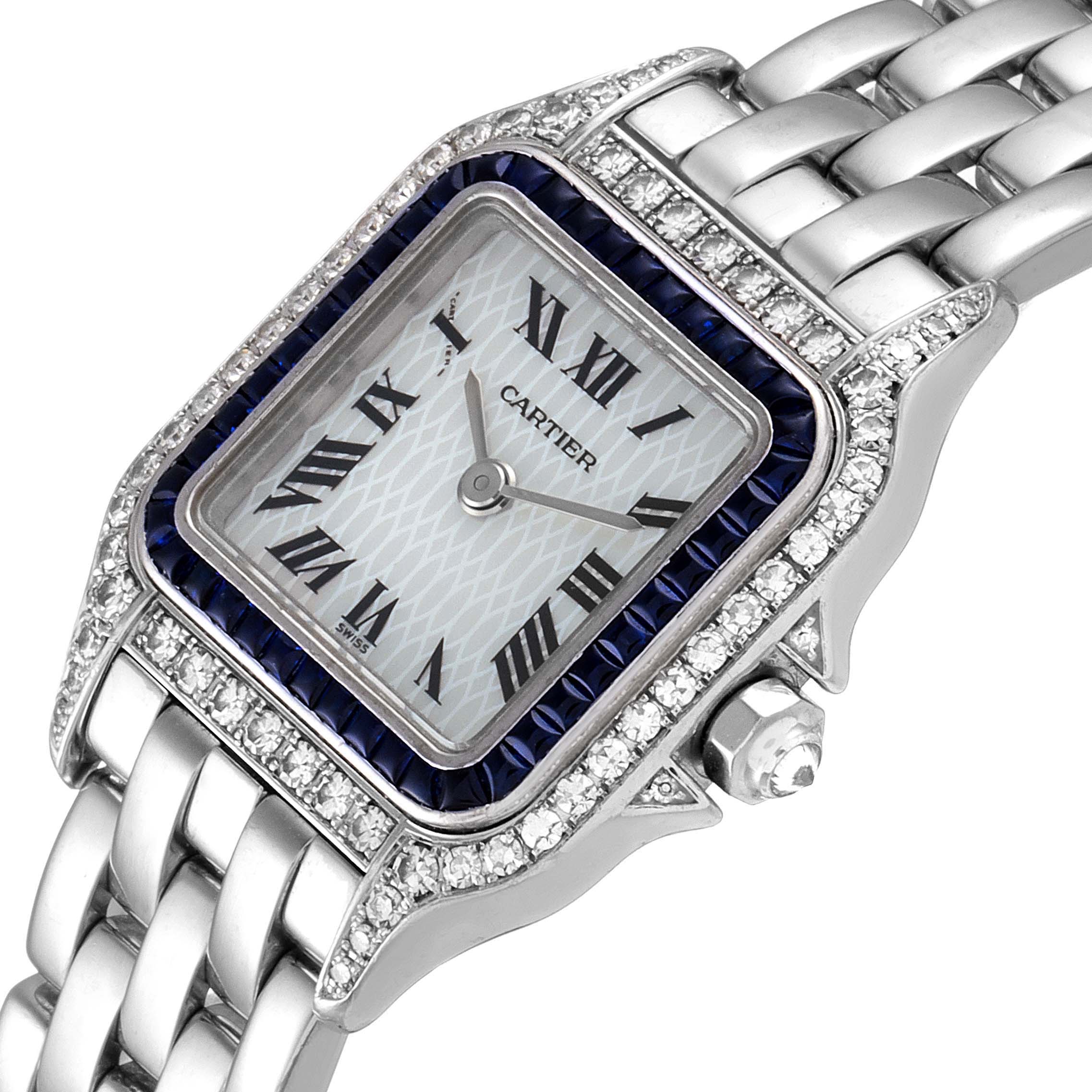 The image shows a close-up of a Cartier Panthere 2362 Women's White Gold Mother of Pearl Dial 2362 Women's White Gold Mother of Pearl Dial watch, highlighting the dial, bezel, and part of the bracelet at an angled top view.