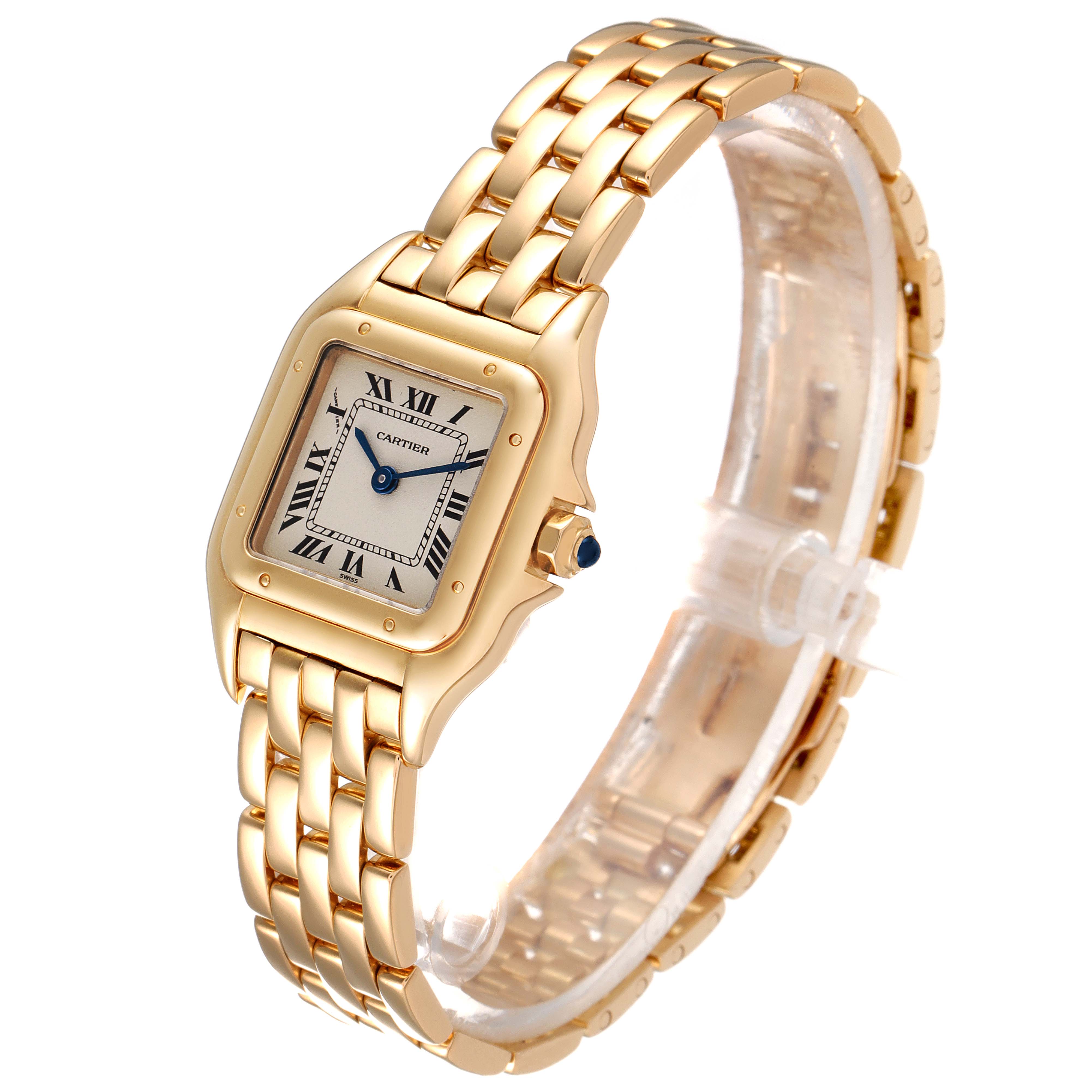 The image shows the front and side angle of a gold Cartier Panthere W25022B9 Women's Yellow Gold Silver Dial W25022B9 Women's Yellow Gold Silver Dial watch, displaying its bracelet, bezel, and dial.