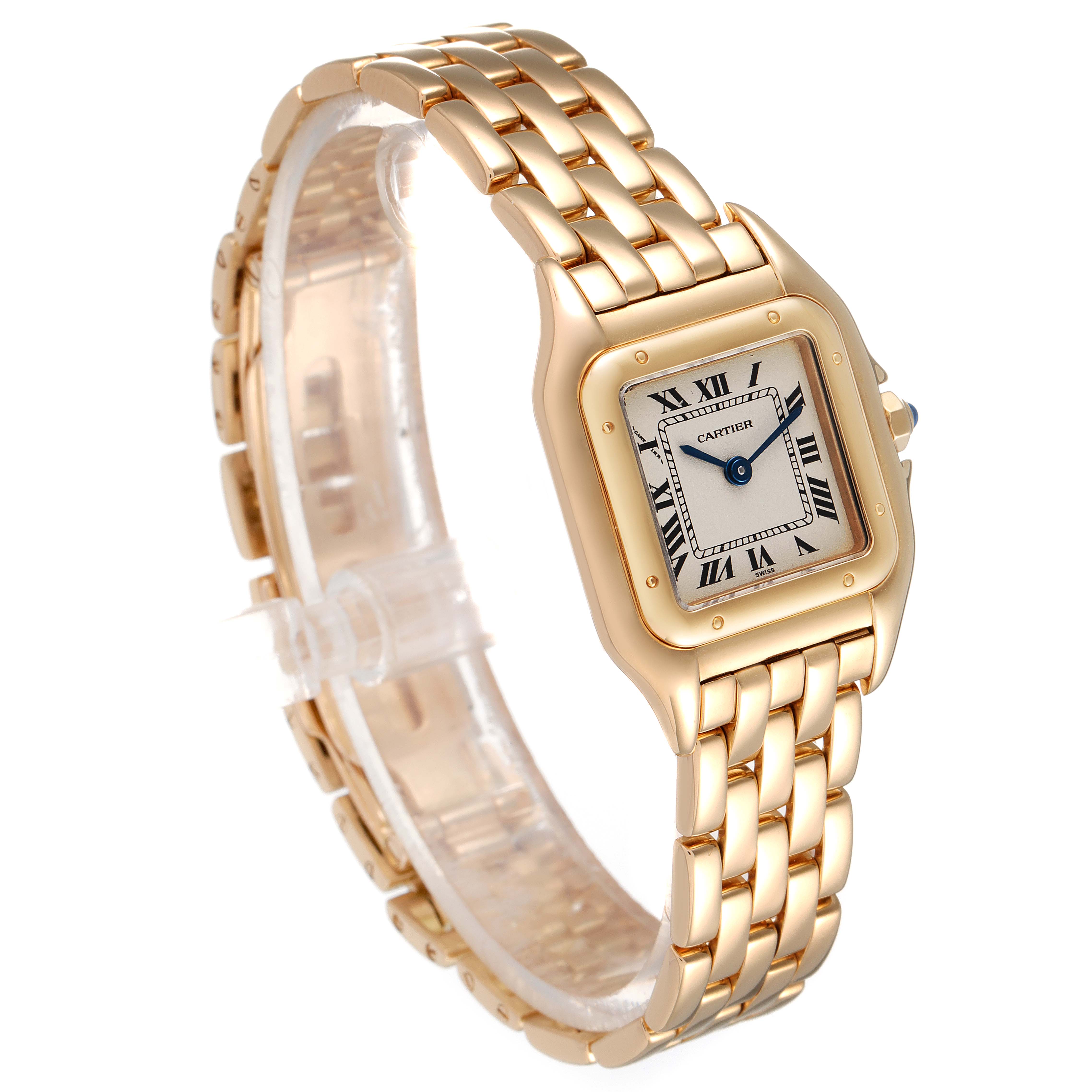 The image shows a Panthère de Cartier watch, including the gold case, bracelet, and Roman numeral dial, at a three-quarter angle.