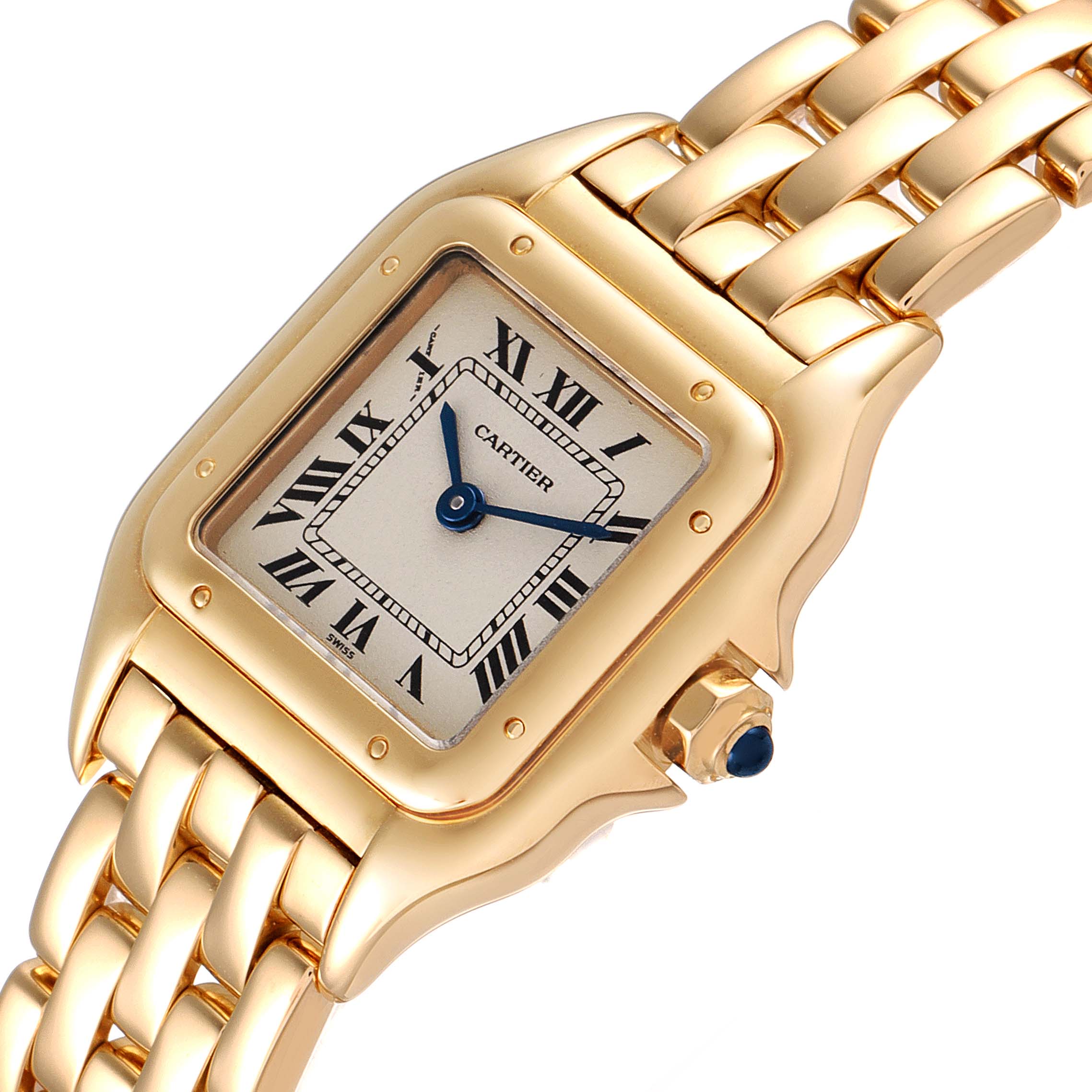 The image shows a close-up of a Cartier Panthere W25022B9 Women's Yellow Gold Silver Dial W25022B9 Women's Yellow Gold Silver Dial watch, displaying its face, dial, and part of the bracelet band.