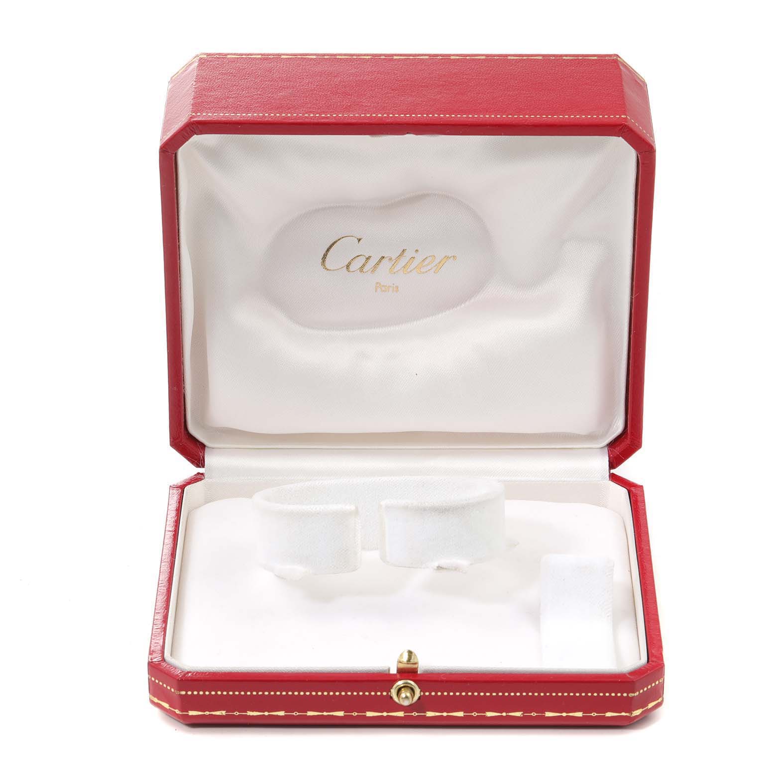 The image shows an open red Cartier watch box for the Panthere model, displaying the interior padding and logo.