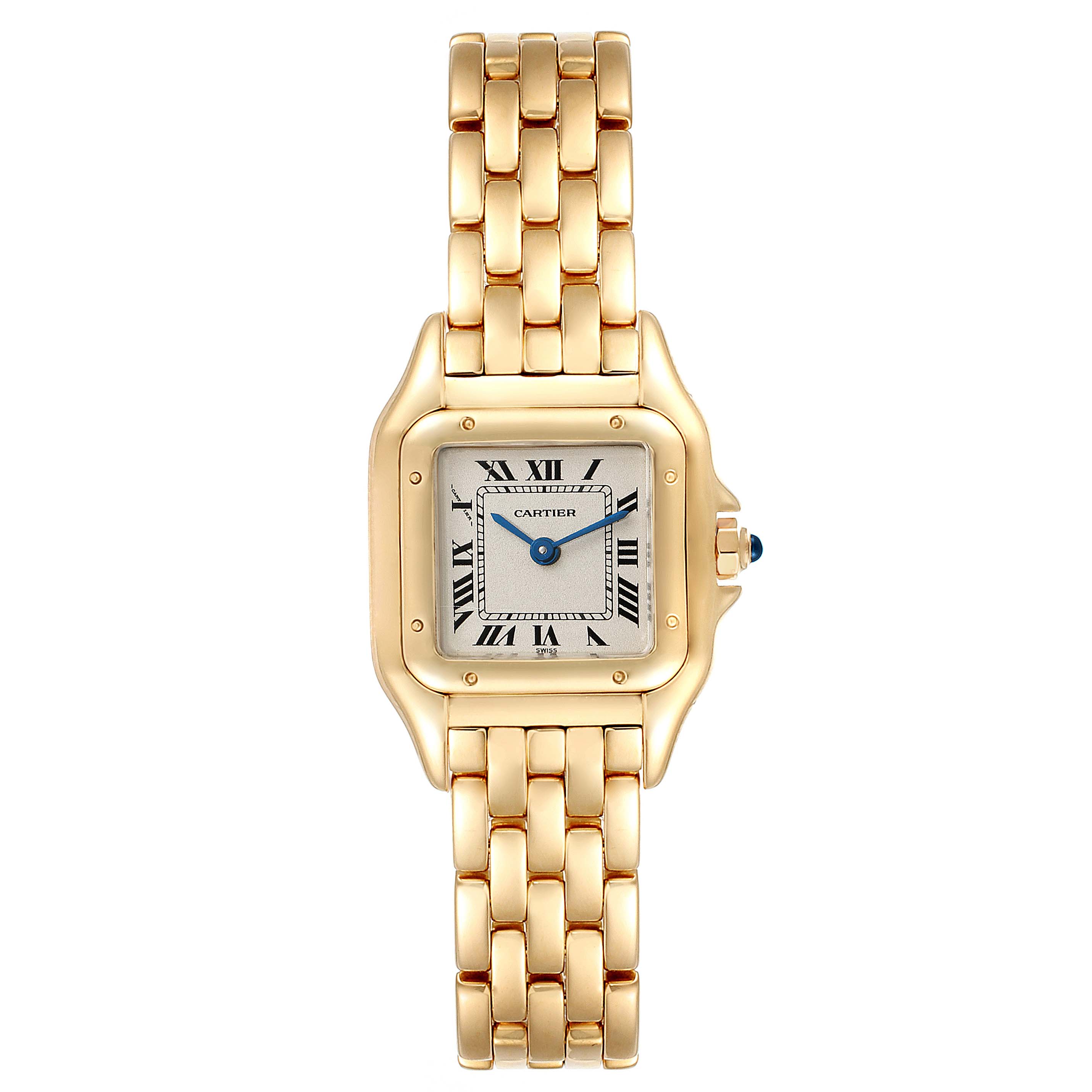 The image shows a front view of the Panthere de Cartier watch, focusing on the gold bracelet and square dial with Roman numerals.