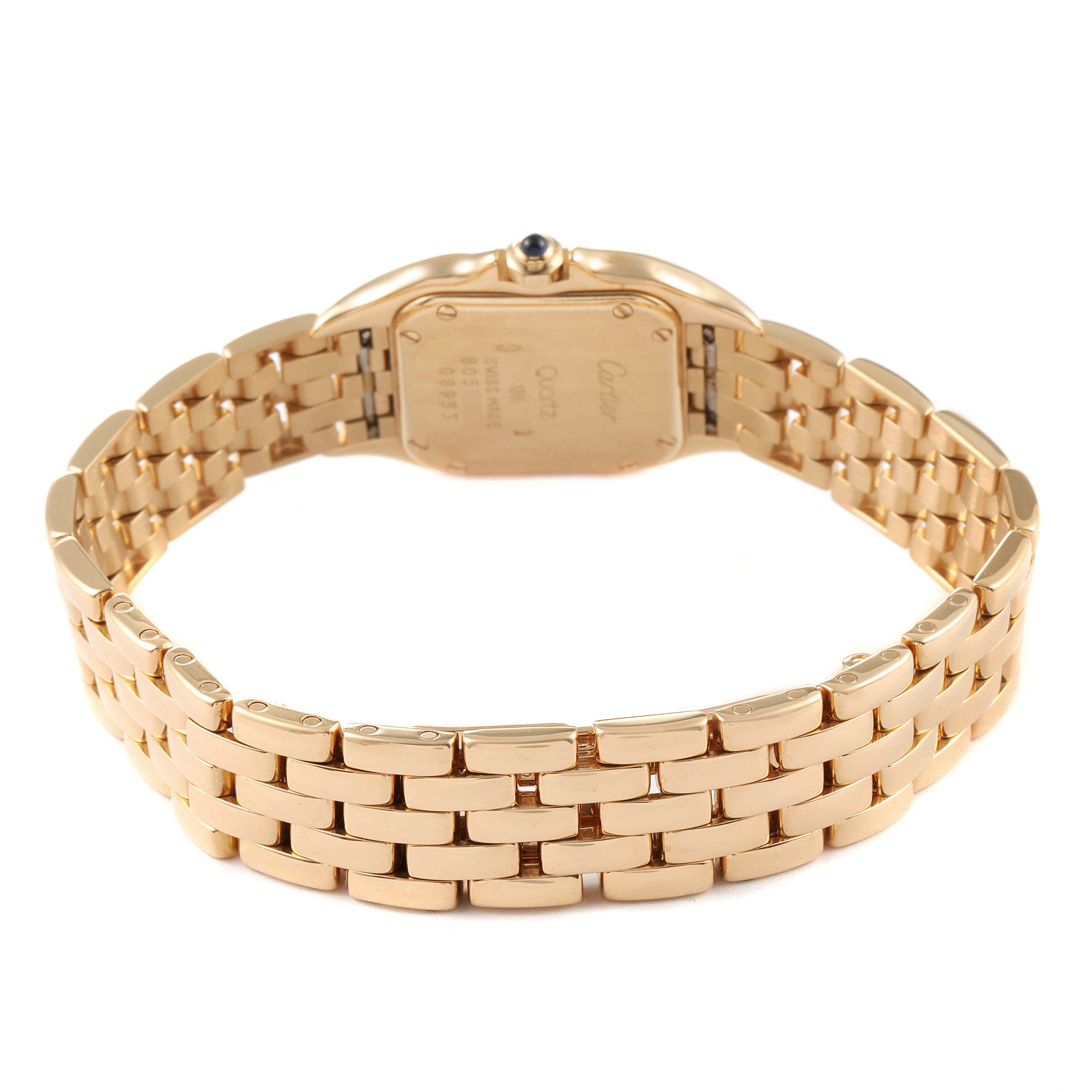 The image shows the back view of a Cartier Panthère watch, highlighting its gold bracelet and case.