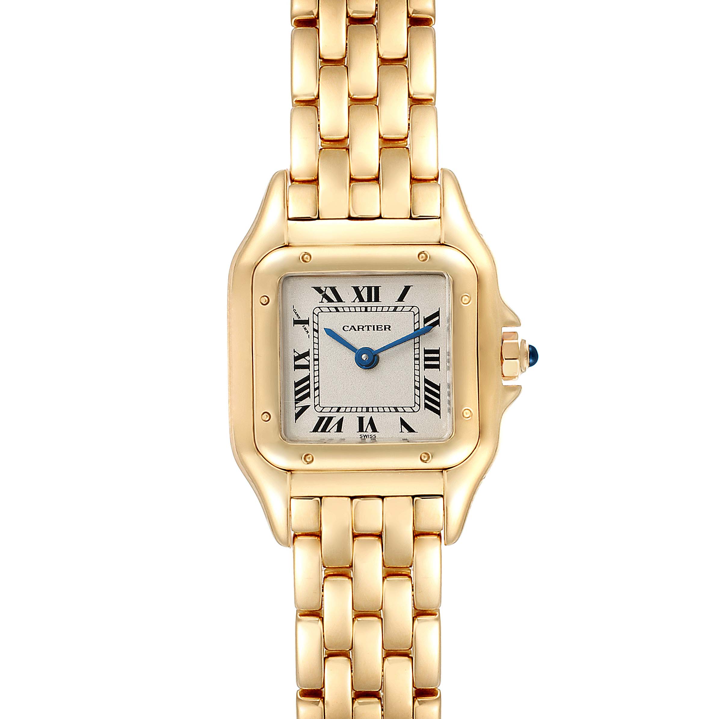 The image shows a front view of a Cartier Panthere W25022B9 Women's Yellow Gold Silver Dial W25022B9 Women's Yellow Gold Silver Dial model watch, featuring the face, dial, and bracelet.