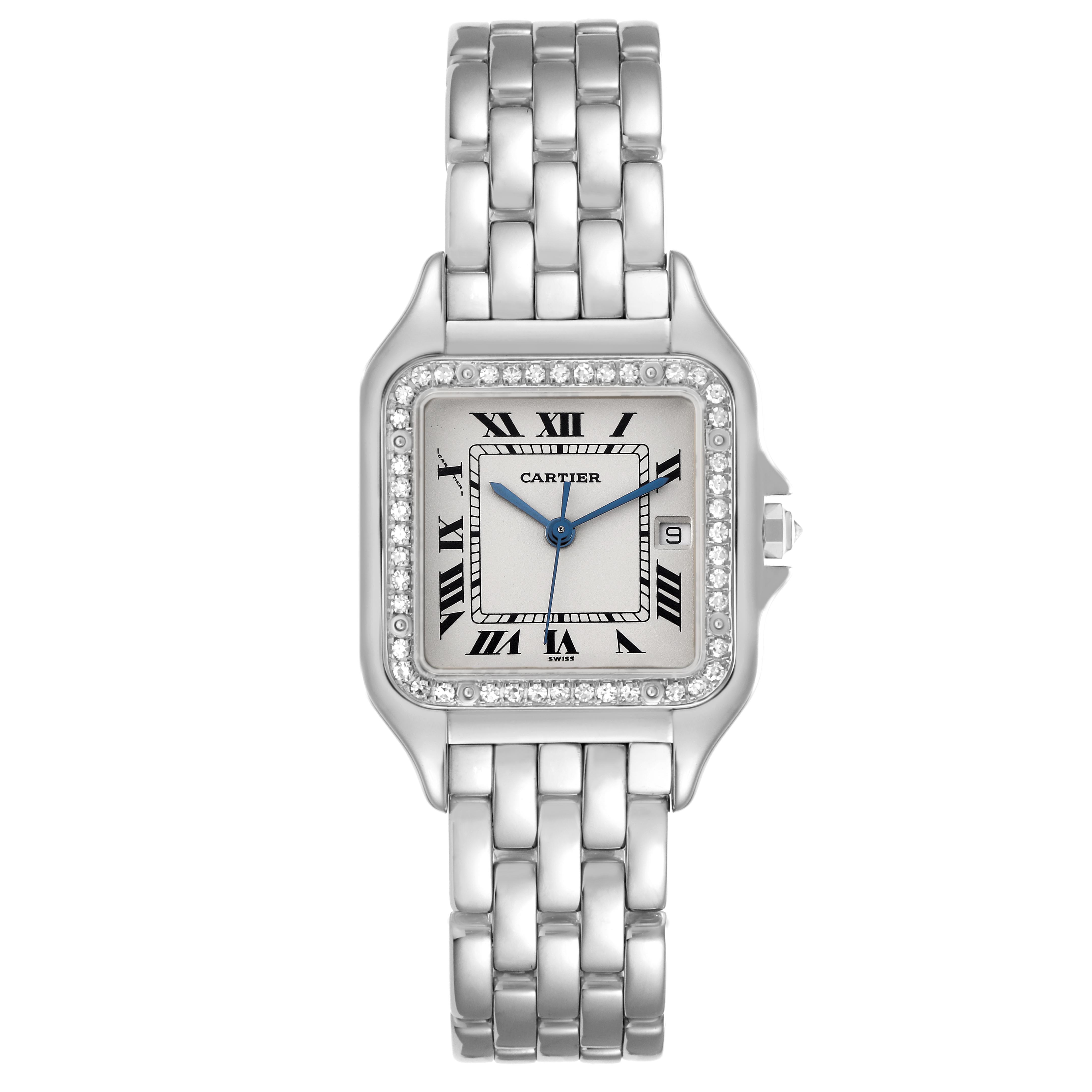 The Cartier Panthere XL Women's White Gold Silver Dial XL Women's White Gold Silver Dial watch is shown from a front view, displaying its face, bracelet, and diamond bezel.