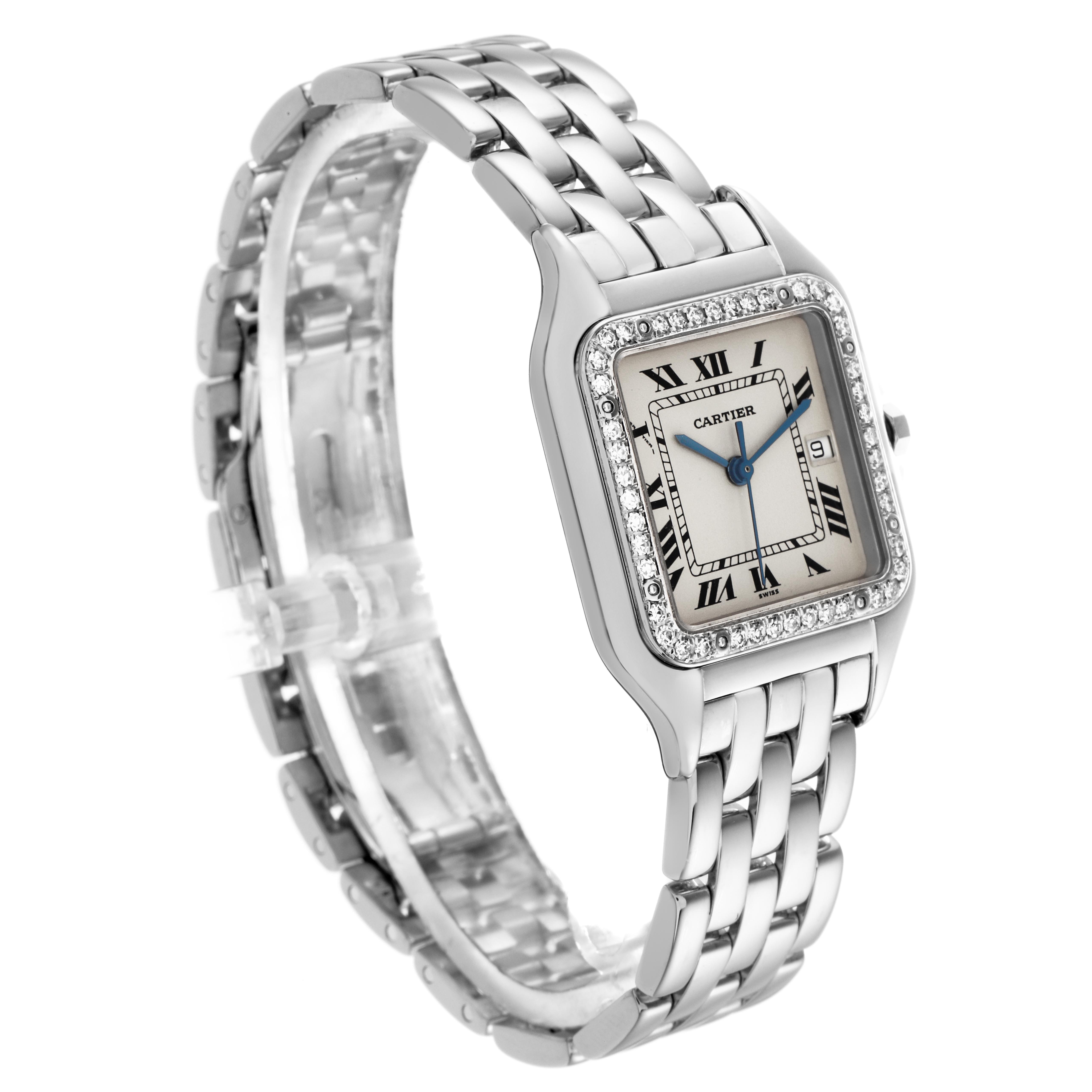 The Cartier Panthere XL Women's White Gold Silver Dial XL Women's White Gold Silver Dial watch is shown at a three-quarter angle, highlighting its bracelet, bezel, and Roman numeral dial.