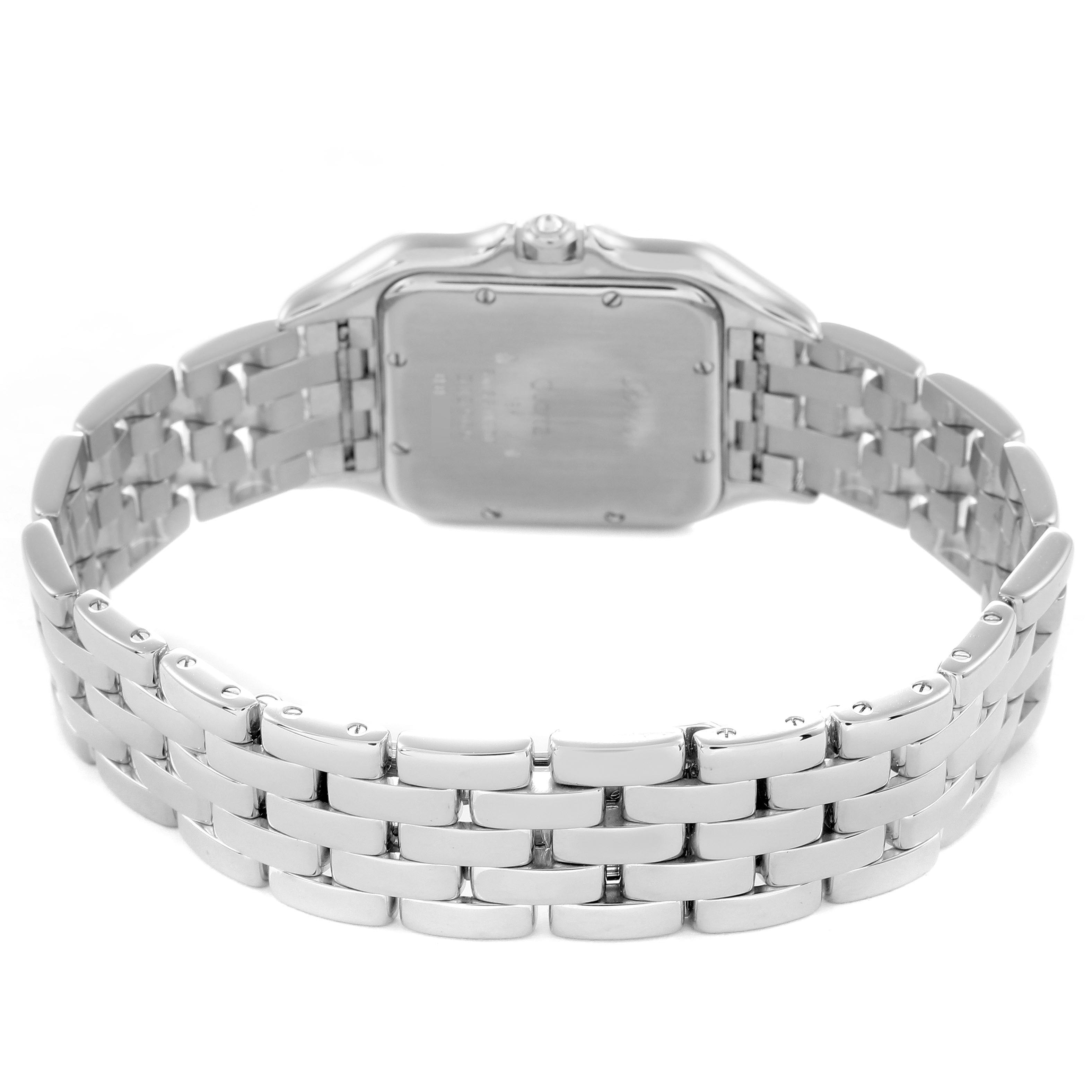 The image shows the back view of a Cartier Panthere XL Women's White Gold Silver Dial XL Women's White Gold Silver Dial watch, highlighting its stainless steel bracelet and case back.