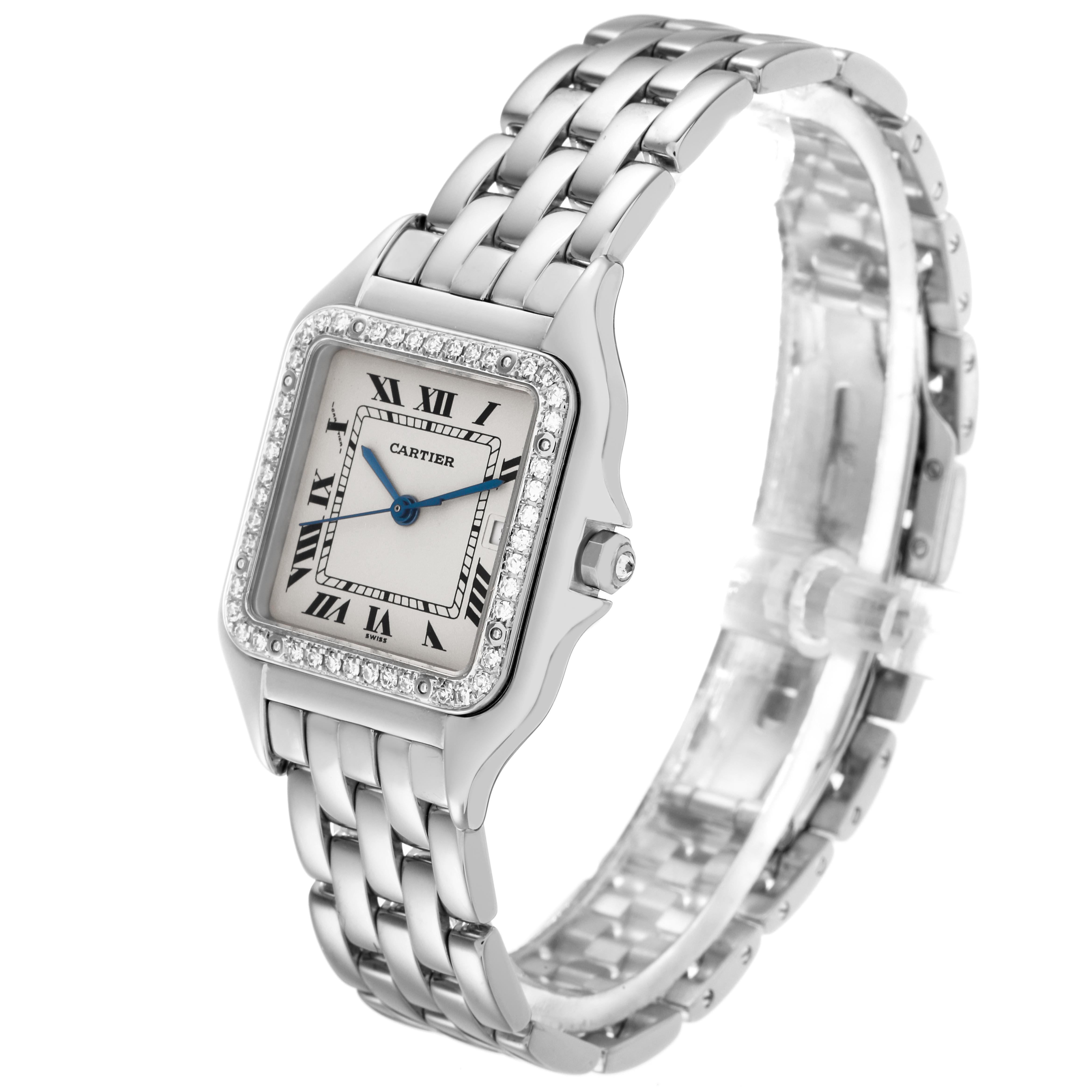 The Cartier Panthere XL Women's White Gold Silver Dial XL Women's White Gold Silver Dial watch is shown at a three-quarter angle, highlighting its bracelet and diamond-set bezel.