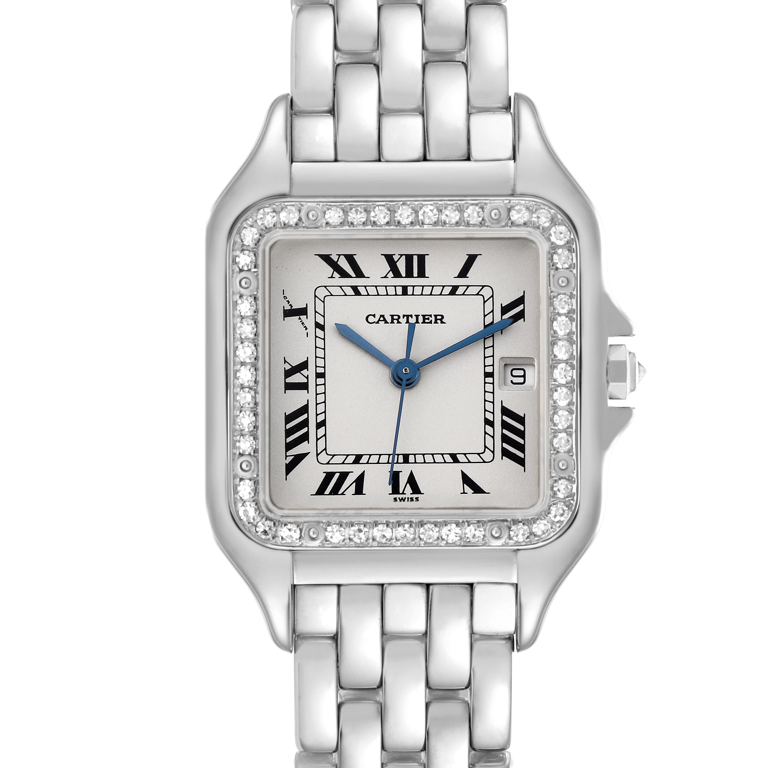 The Cartier Panthere XL Women's White Gold Silver Dial XL Women's White Gold Silver Dial watch is shown from the front, highlighting its face, bezel, and bracelet.