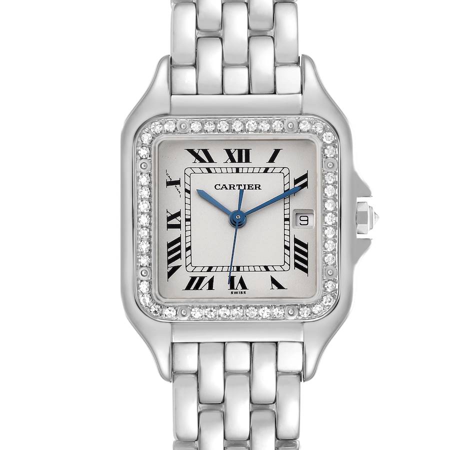 The Cartier Panthere watch is shown from the front, highlighting its face, bezel, and bracelet.
