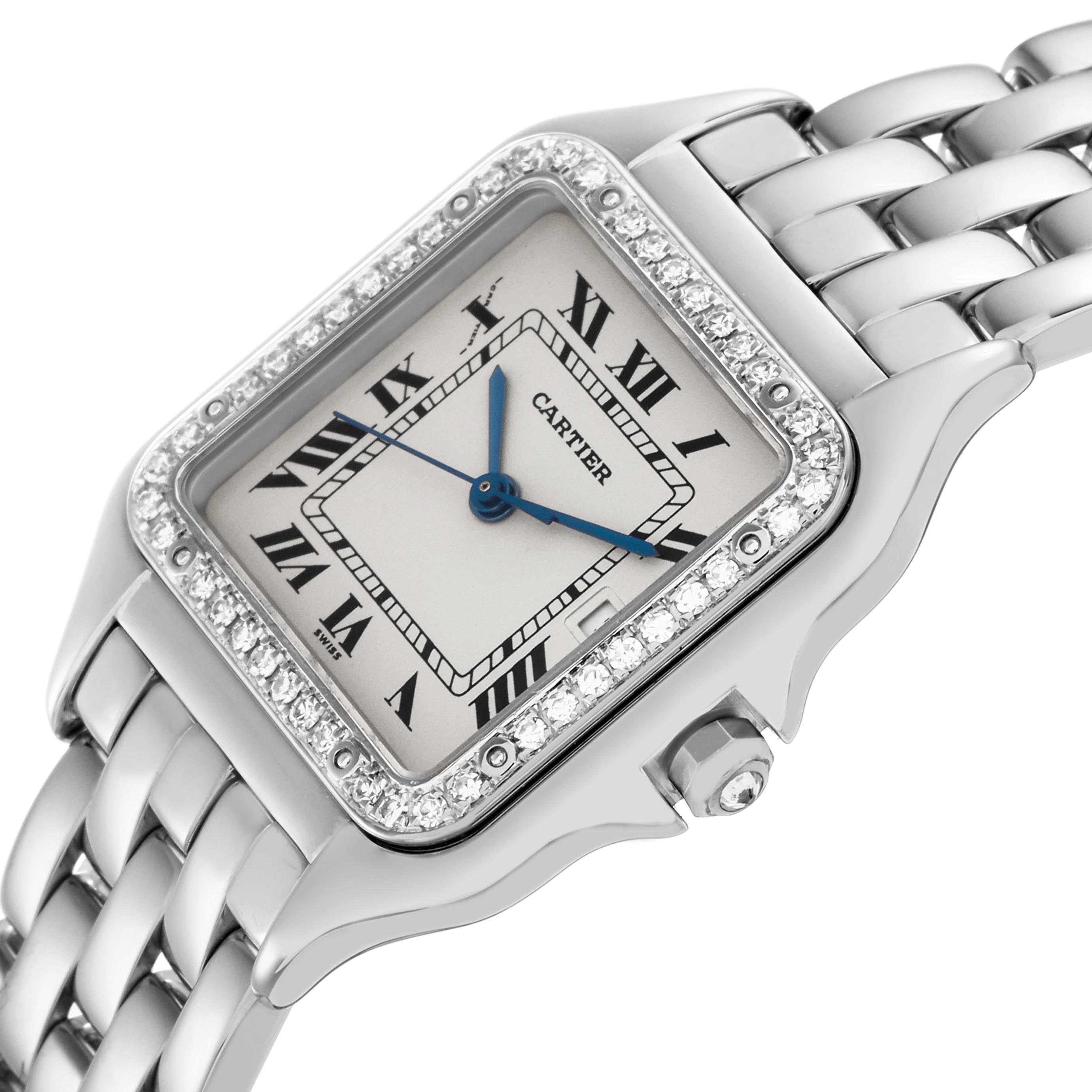 The Cartier Panthère watch is shown at an angle highlighting the diamond bezel, bracelet, and crown.