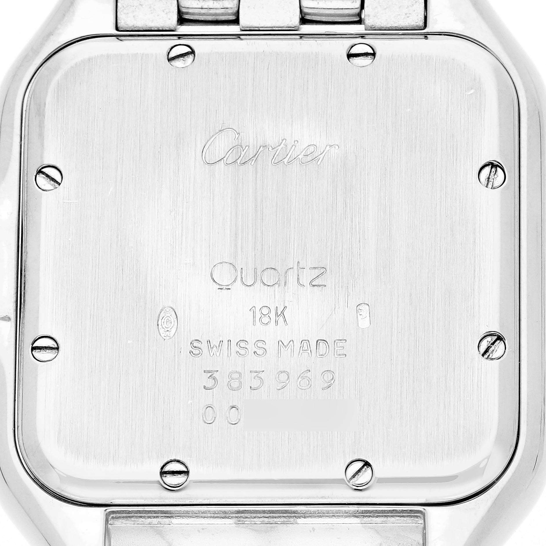 The image shows the case back of a Cartier Panthere XL Women's White Gold Silver Dial XL Women's White Gold Silver Dial watch, highlighting its engravings and screw details.