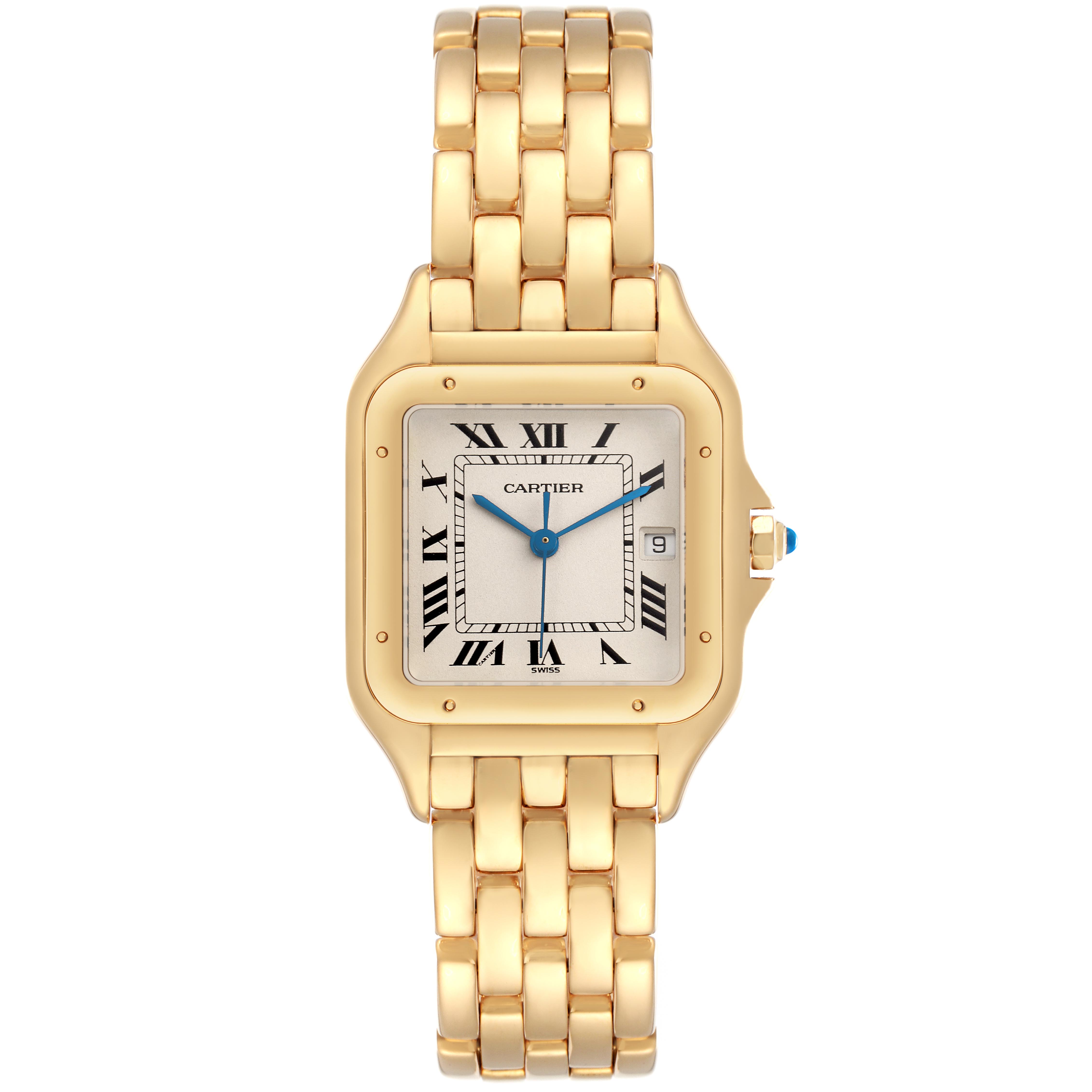 The Cartier Panthère watch is shown from a top view, displaying its gold bracelet, square face, Roman numerals, and blue hands.