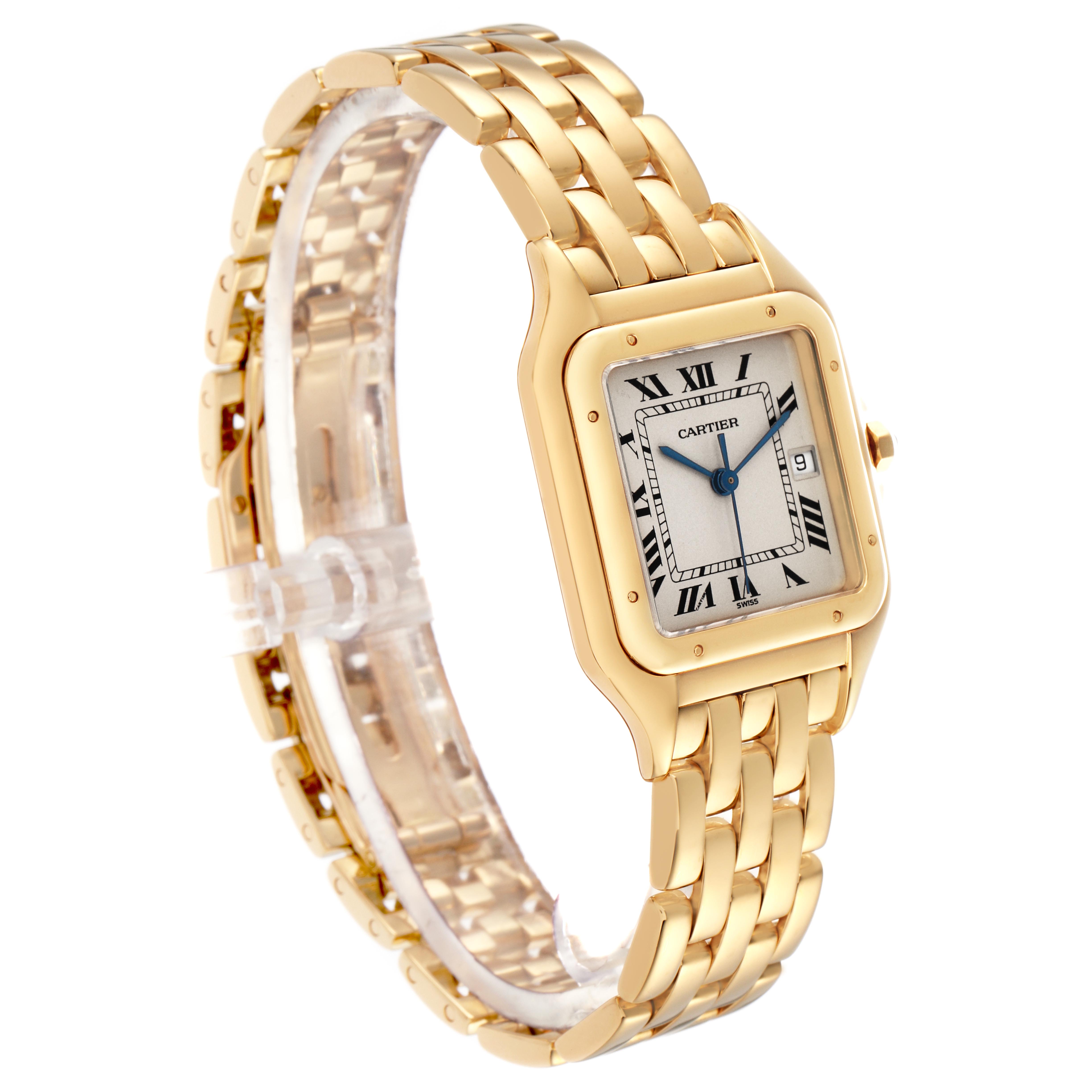 The Cartier Panthere W25014B9 Men's Yellow Gold Silver Dial W25014B9 Men's Yellow Gold Silver Dial watch is shown at an angled view, displaying the face, Roman numerals, and gold bracelet.