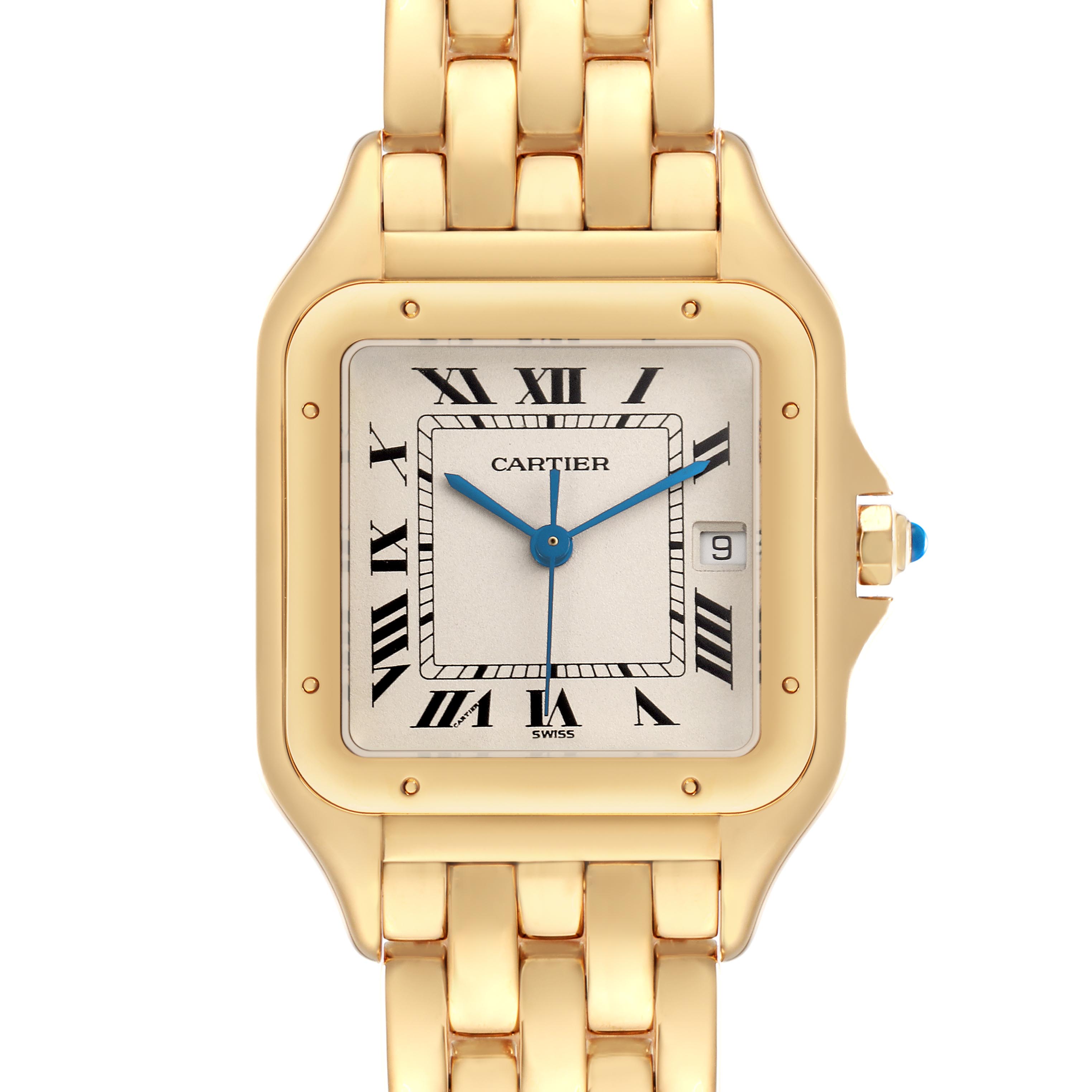 The Cartier Panthere W25014B9 Men's Yellow Gold Silver Dial W25014B9 Men's Yellow Gold Silver Dial watch is shown from a front angle, displaying its face, Roman numerals, hands, and part of the gold bracelet.