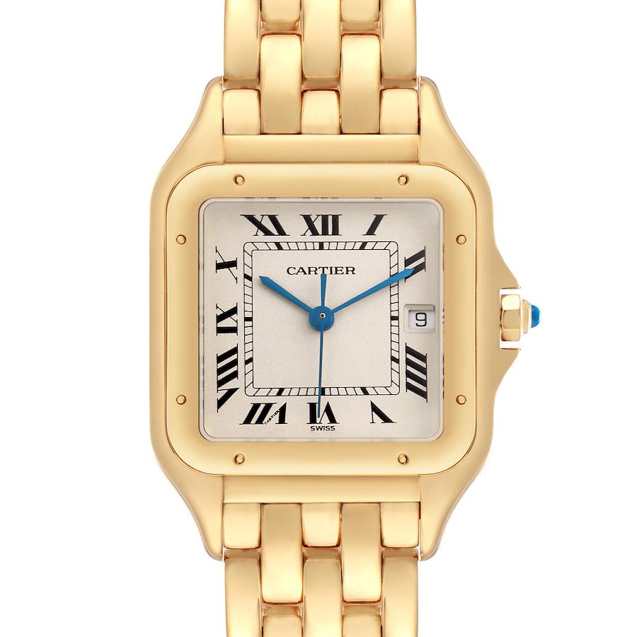The Cartier Panthere watch is shown from a front angle, displaying its face, Roman numerals, hands, and part of the gold bracelet.
