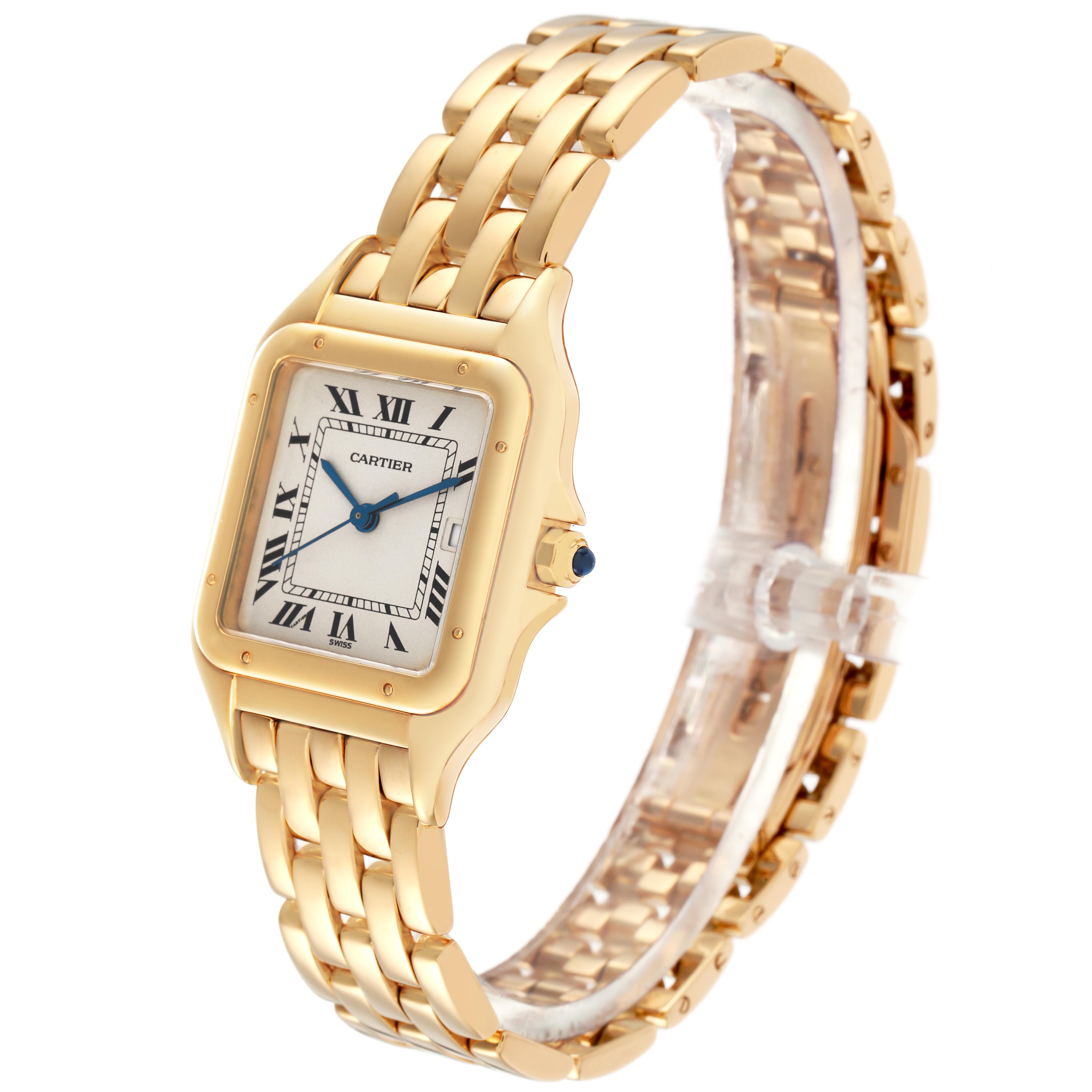 The Cartier Panthere W25014B9 Men's Yellow Gold Silver Dial W25014B9 Men's Yellow Gold Silver Dial watch is shown at a three-quarter angle, highlighting its gold bracelet and square face with roman numerals.