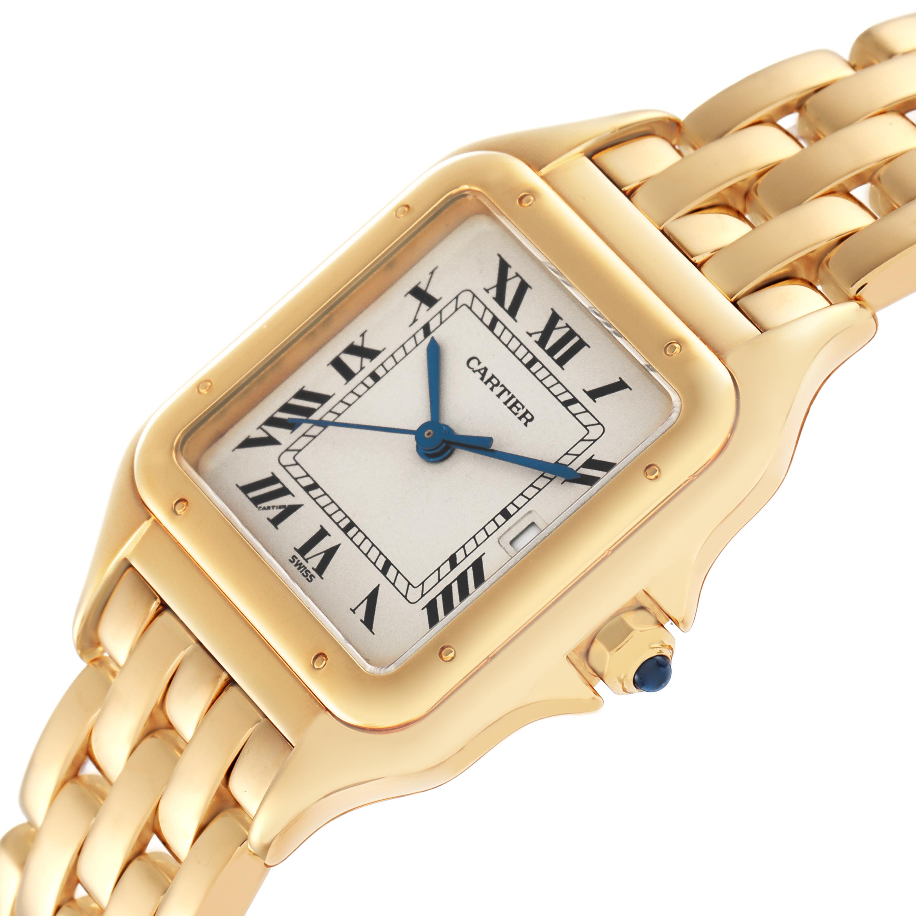 The Cartier Panthere W25014B9 Men's Yellow Gold Silver Dial W25014B9 Men's Yellow Gold Silver Dial watch is shown at an angle highlighting its gold case, Roman numeral dial, blue hands, and linked bracelet.
