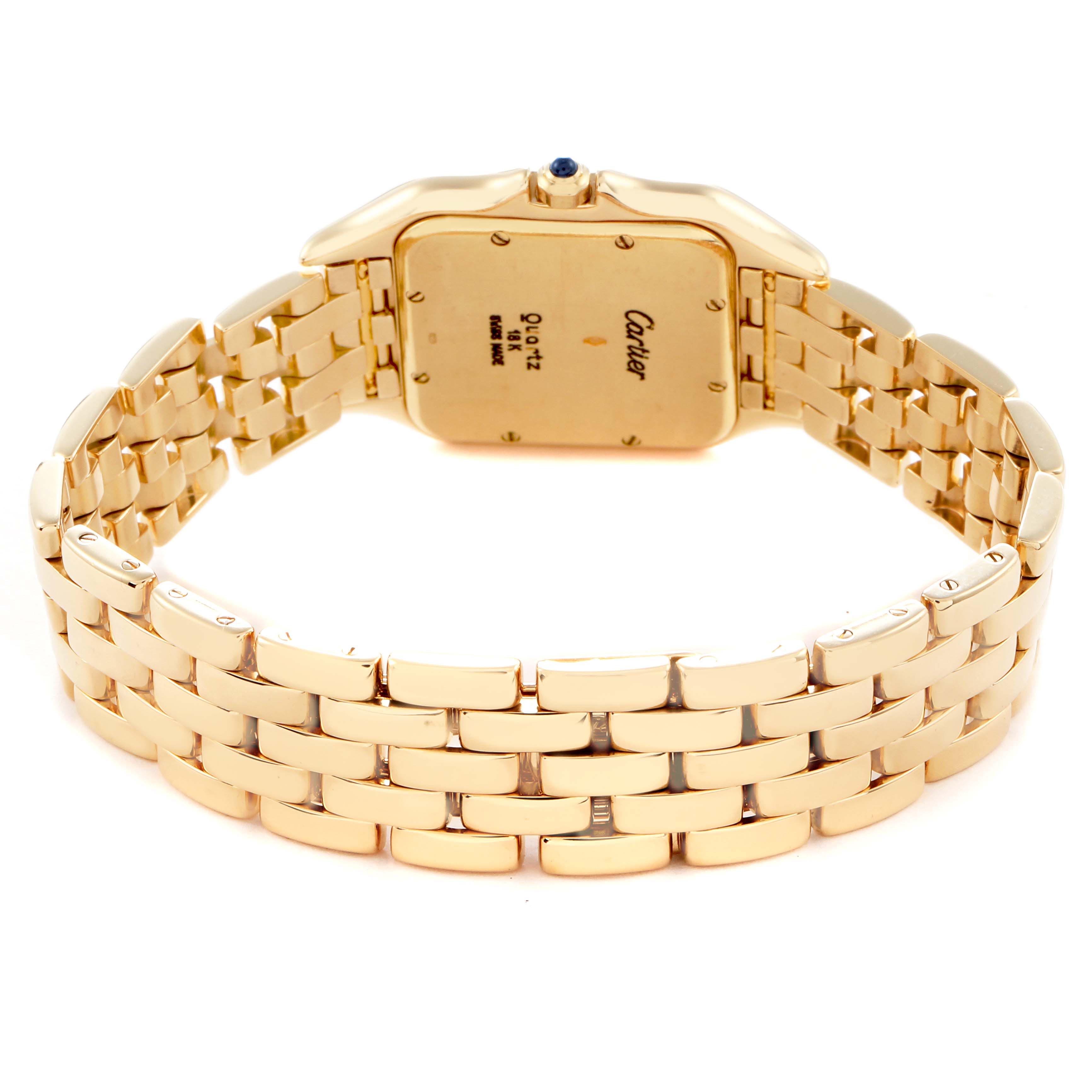 The image shows the Cartier Panthere W25014B9 Men's Yellow Gold Silver Dial W25014B9 Men's Yellow Gold Silver Dial watch from a rear angle, highlighting the back case and gold bracelet.