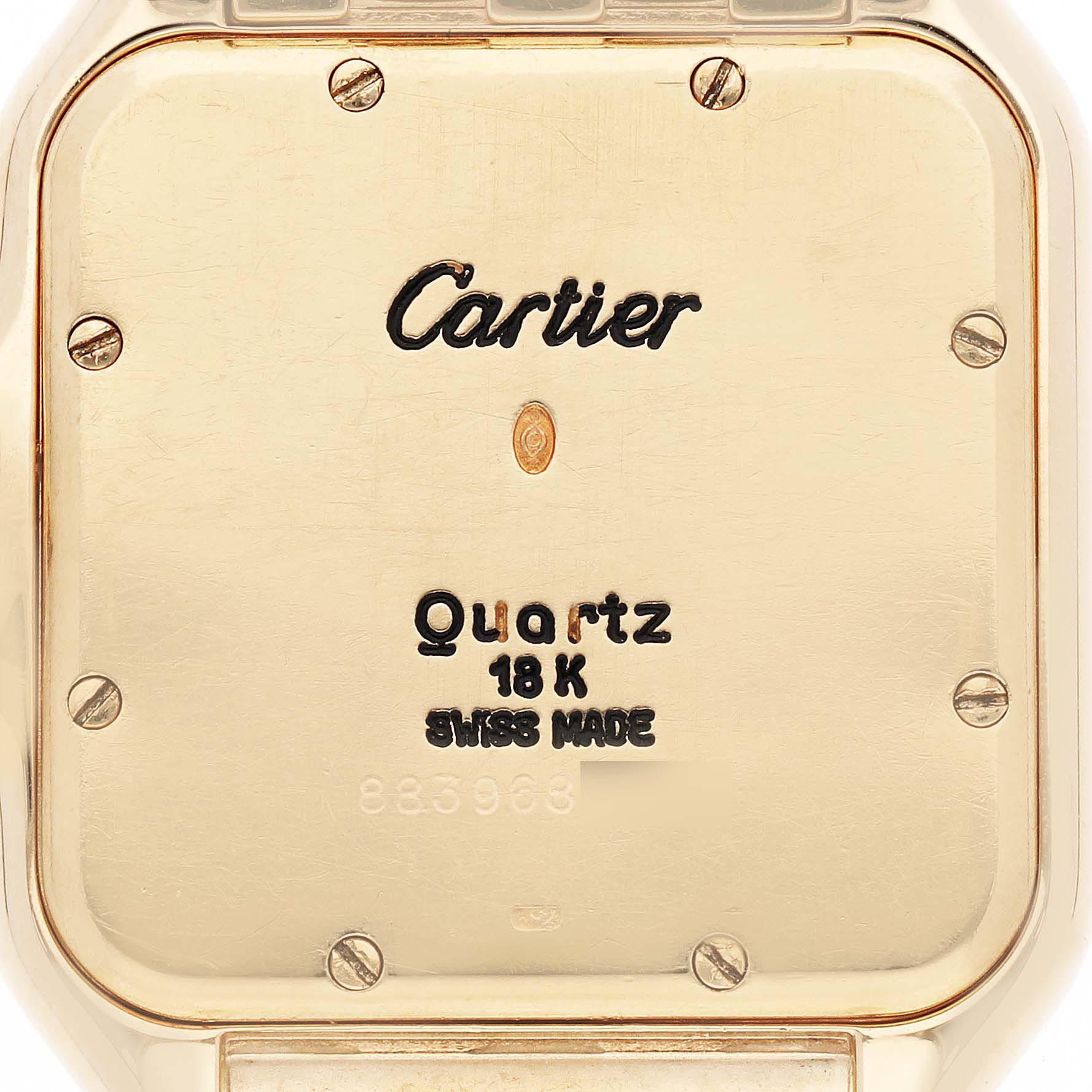 The image shows the back of a Cartier Panthère watch with engravings, including "Quartz," "18K," and "Swiss Made."