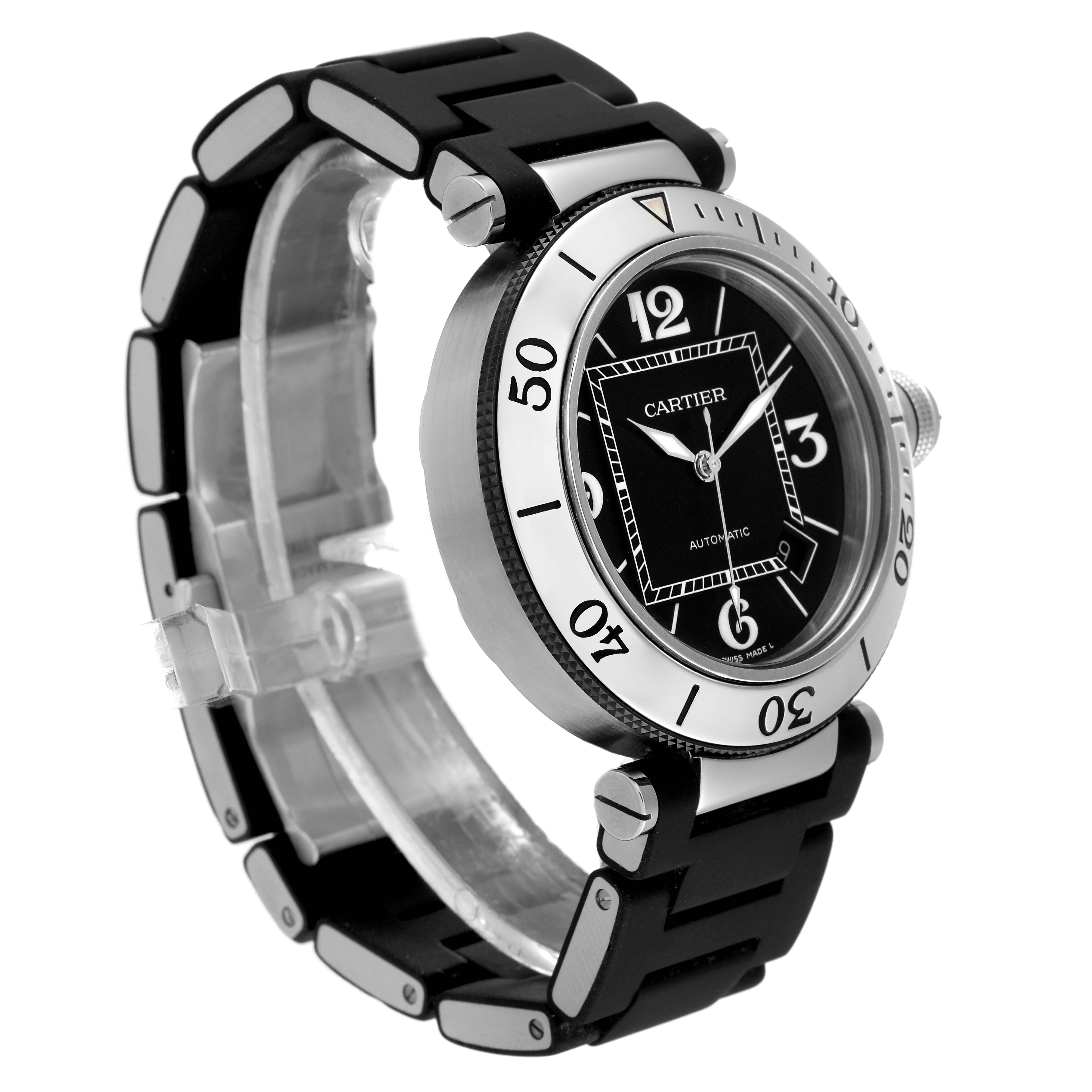 This image shows a Cartier Pasha W31077U2 Men
s Stainless Steel Black Dial W31077U2 Men
s Stainless Steel Black Dial watch at a three-quarter angle, displaying the face, bezel, and part of the strap.