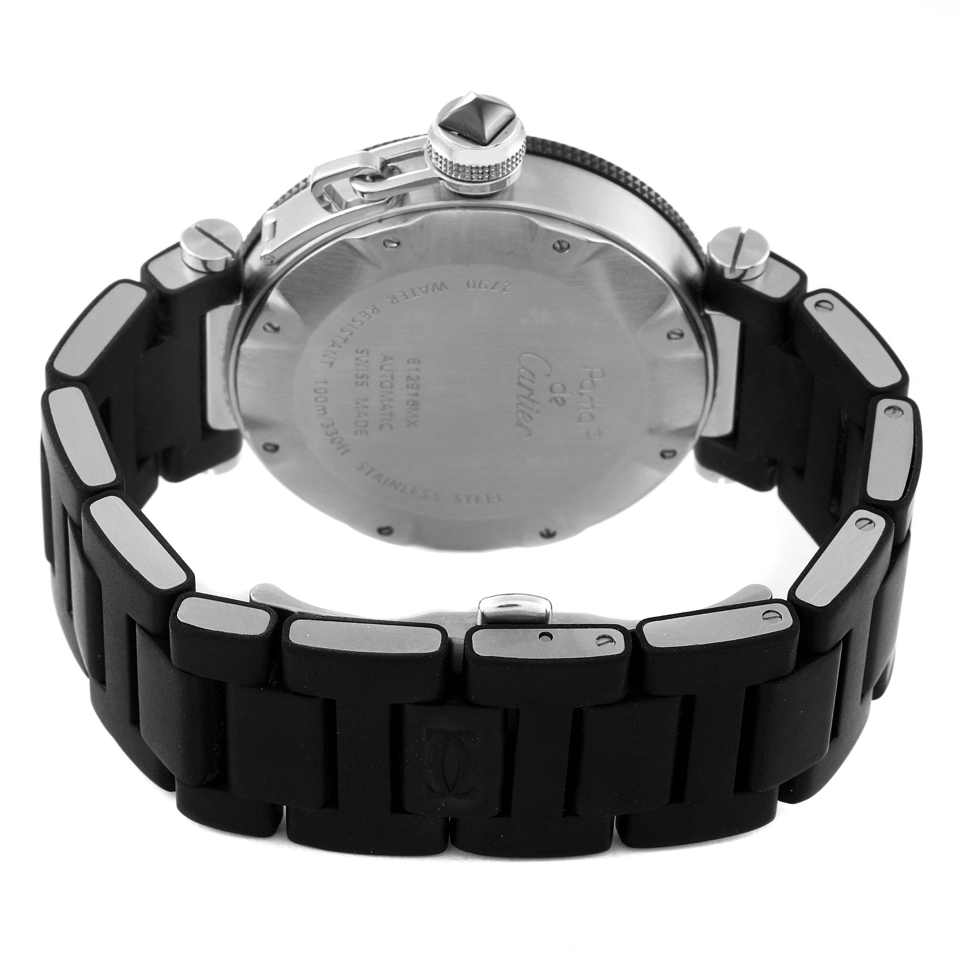 The image shows the back view of the Cartier Pasha W31077U2 Men
s Stainless Steel Black Dial W31077U2 Men
s Stainless Steel Black Dial watch, highlighting the clasp, band, and case back.